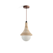 Annadel Pendant Light in beige travertine with a frosted glass globe.