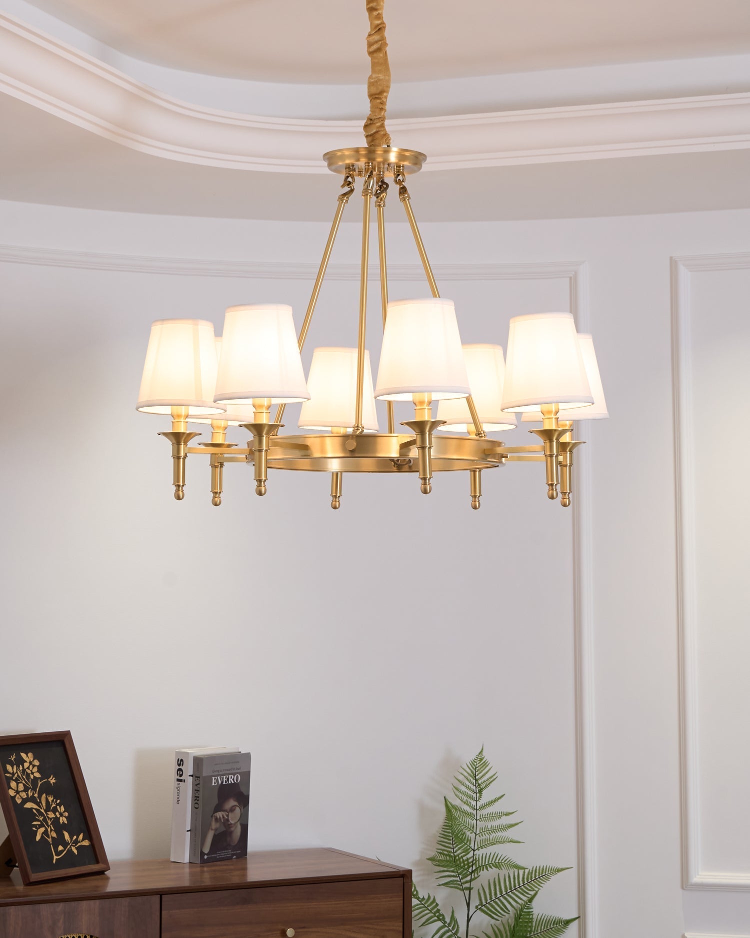 Dyvlen Chandelier Brass Linen Modern 8-Light-Neutral Decor