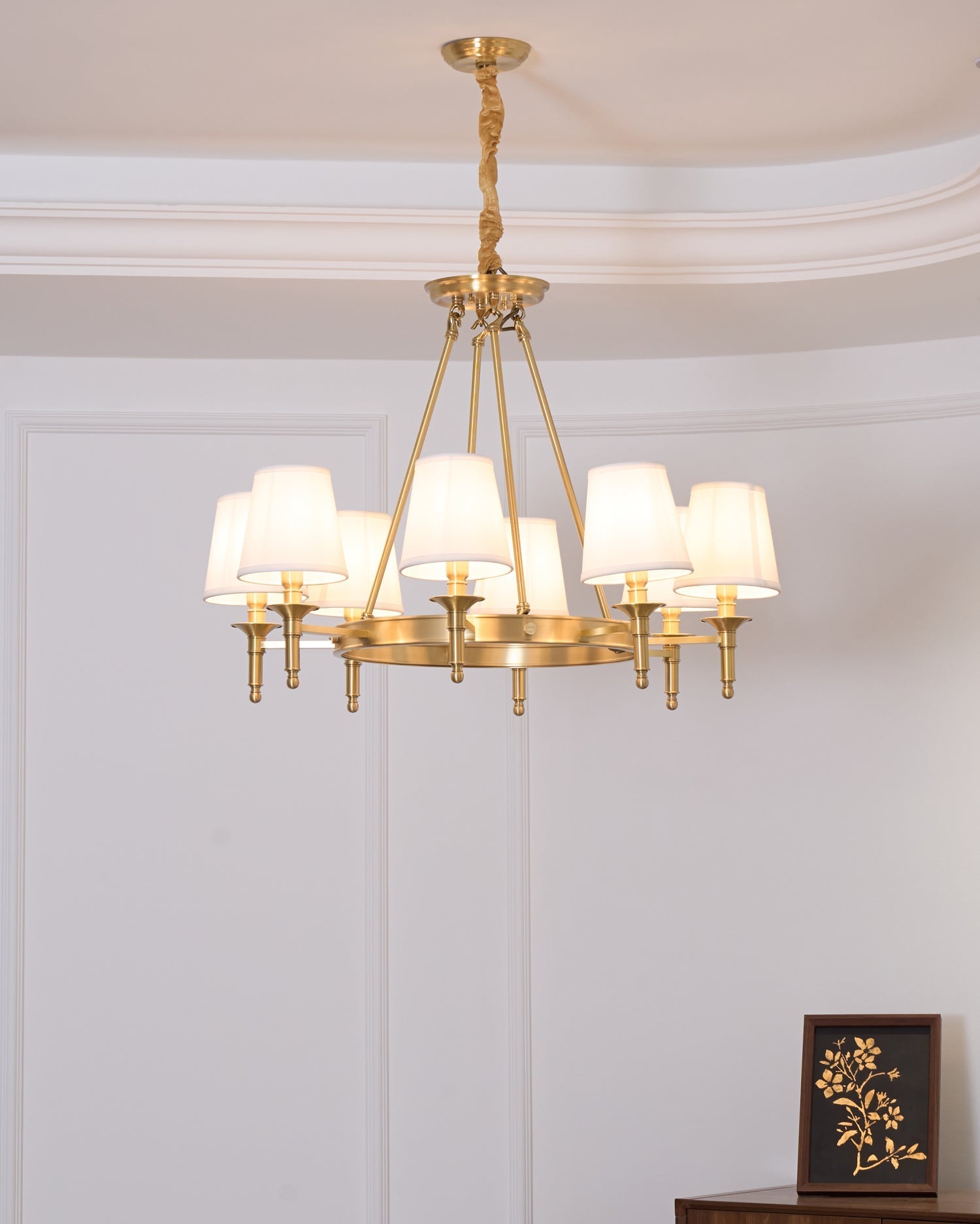 Dyvlen Chandelier Brass Linen Modern 8-Light-Neutral Decor