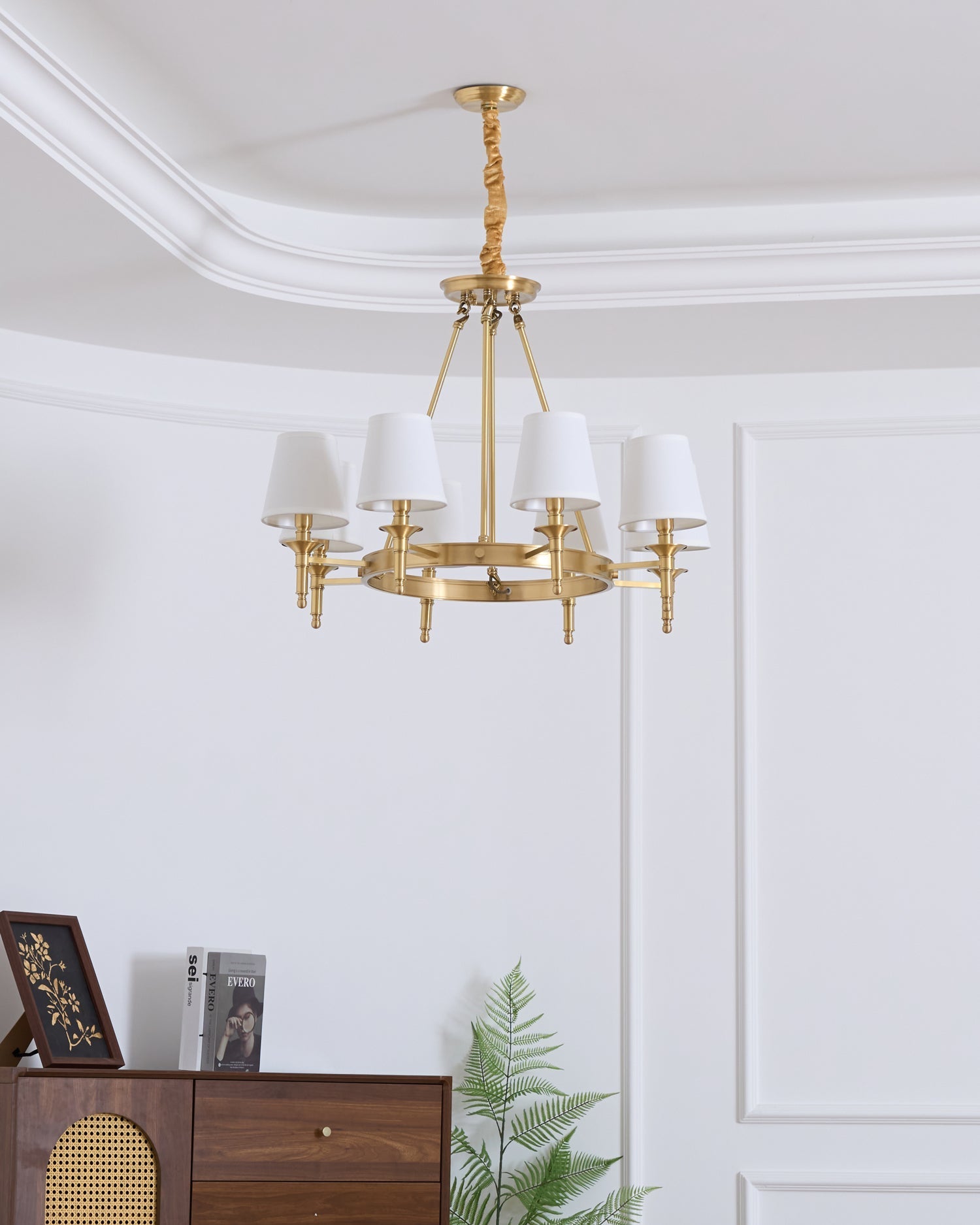 Dyvlen Chandelier Brass Linen Modern 8-Light-Neutral Decor