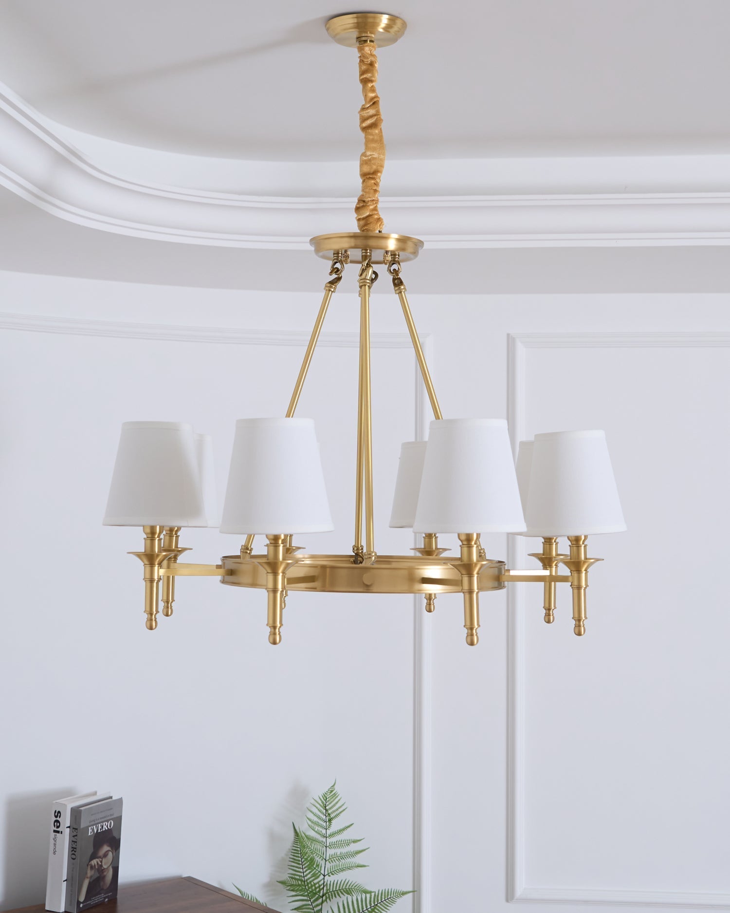 Dyvlen Chandelier Brass Linen Modern 8-Light-Neutral Decor