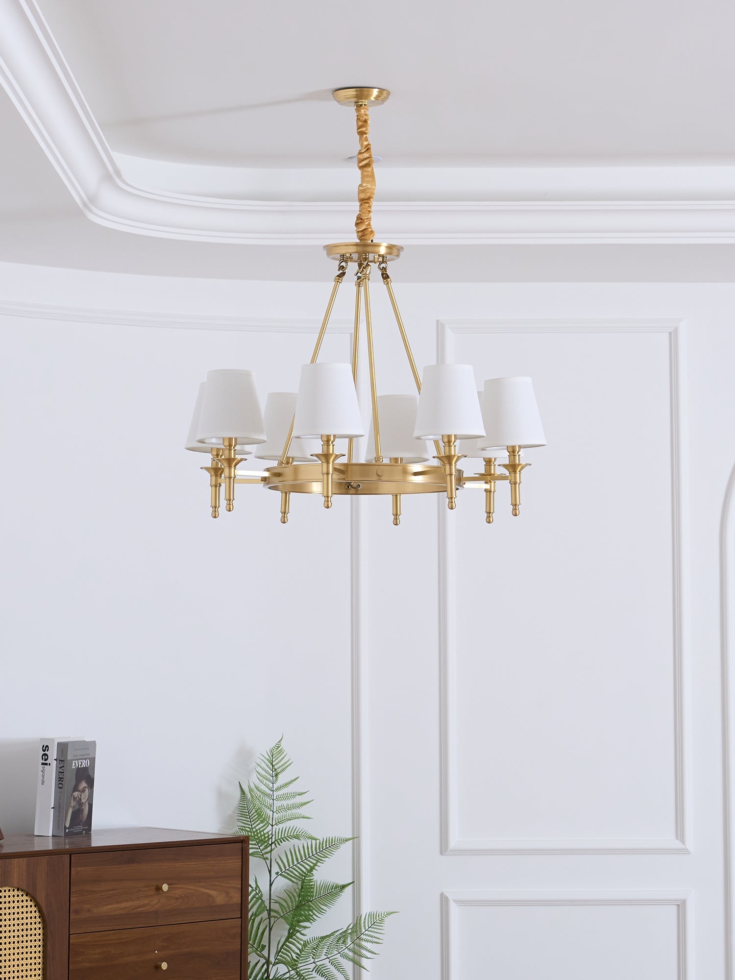 Dyvlen Chandelier Brass Linen Modern 8-Light-Neutral Decor