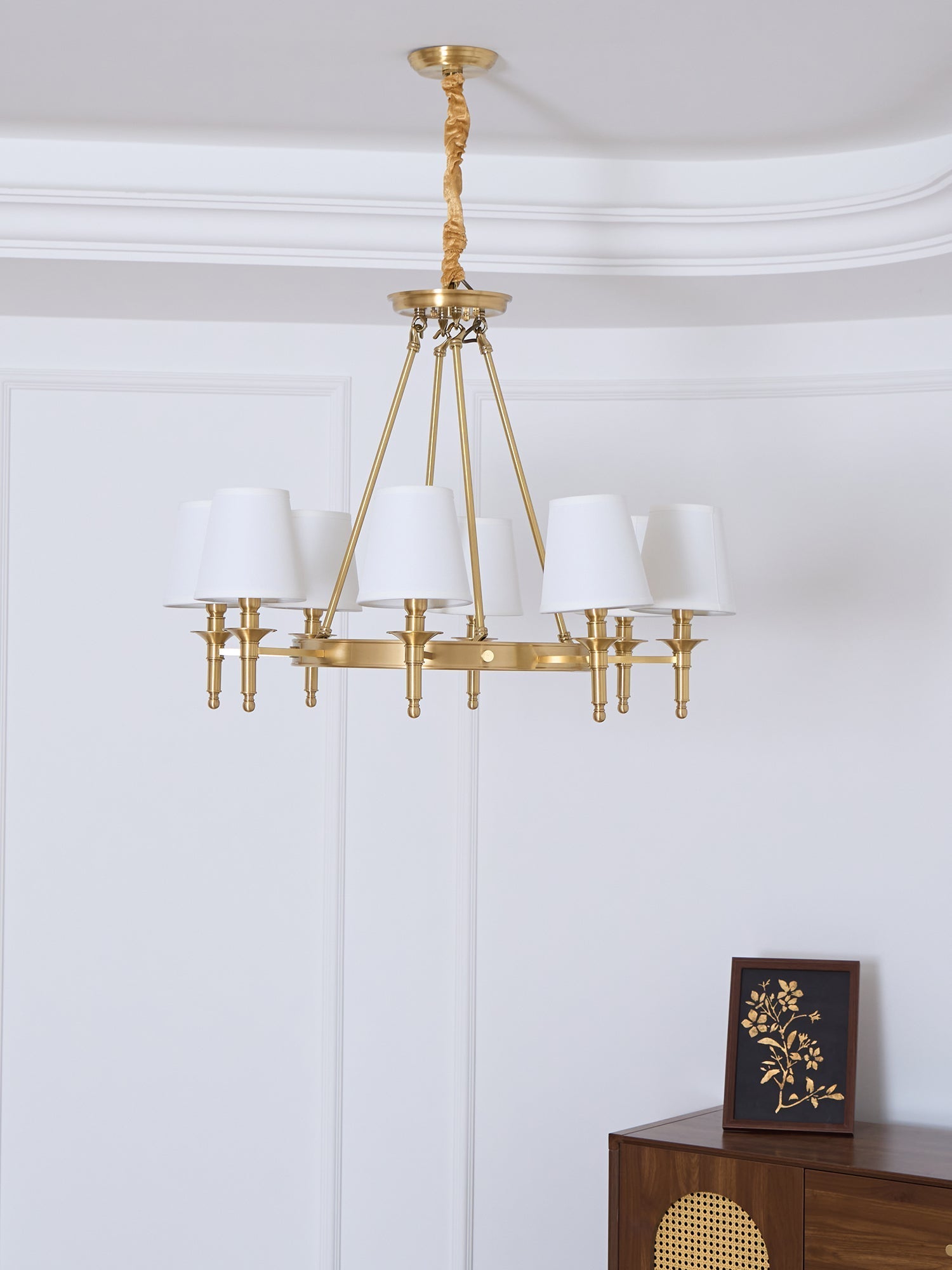 Dyvlen Chandelier Brass Linen Modern 8-Light-Neutral Decor