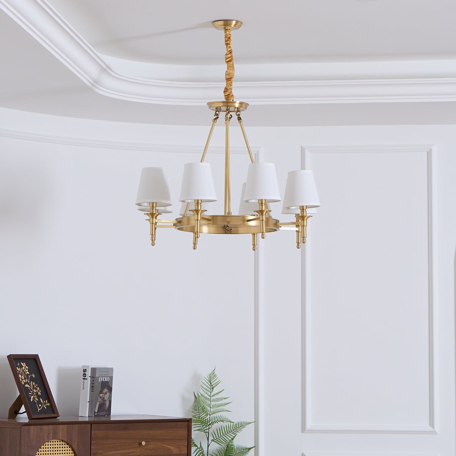 Dyvlen Chandelier Brass Linen Modern 8-Light-Neutral Decor