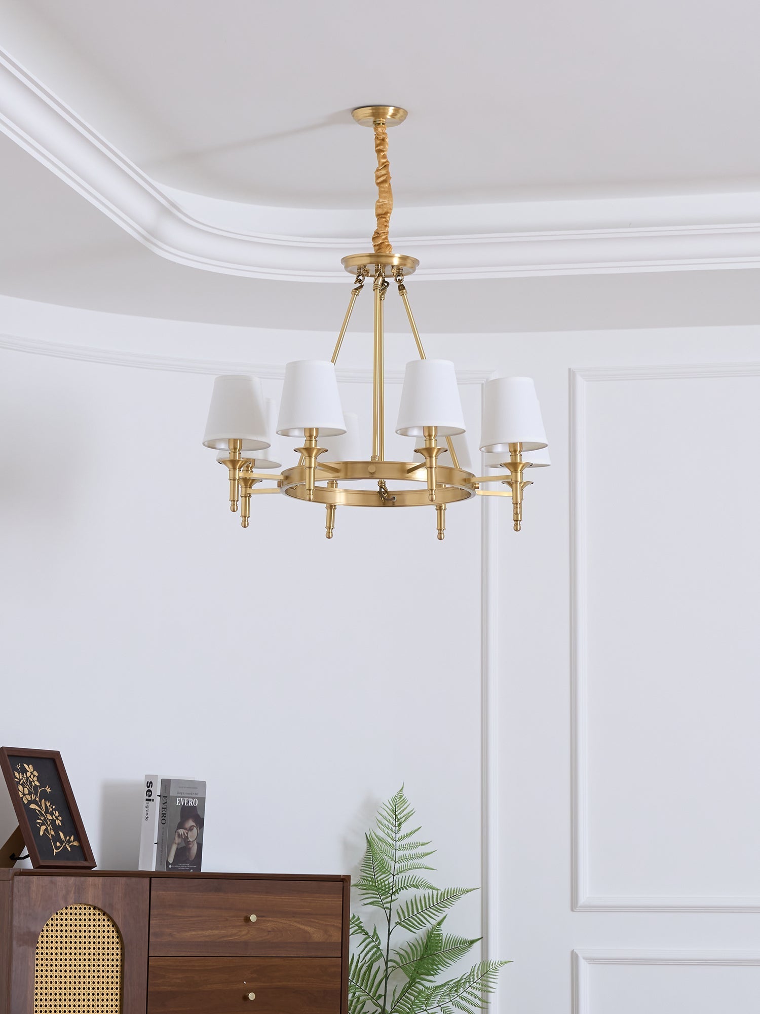 Dyvlen Chandelier Brass Linen Modern 8-Light-Neutral Decor