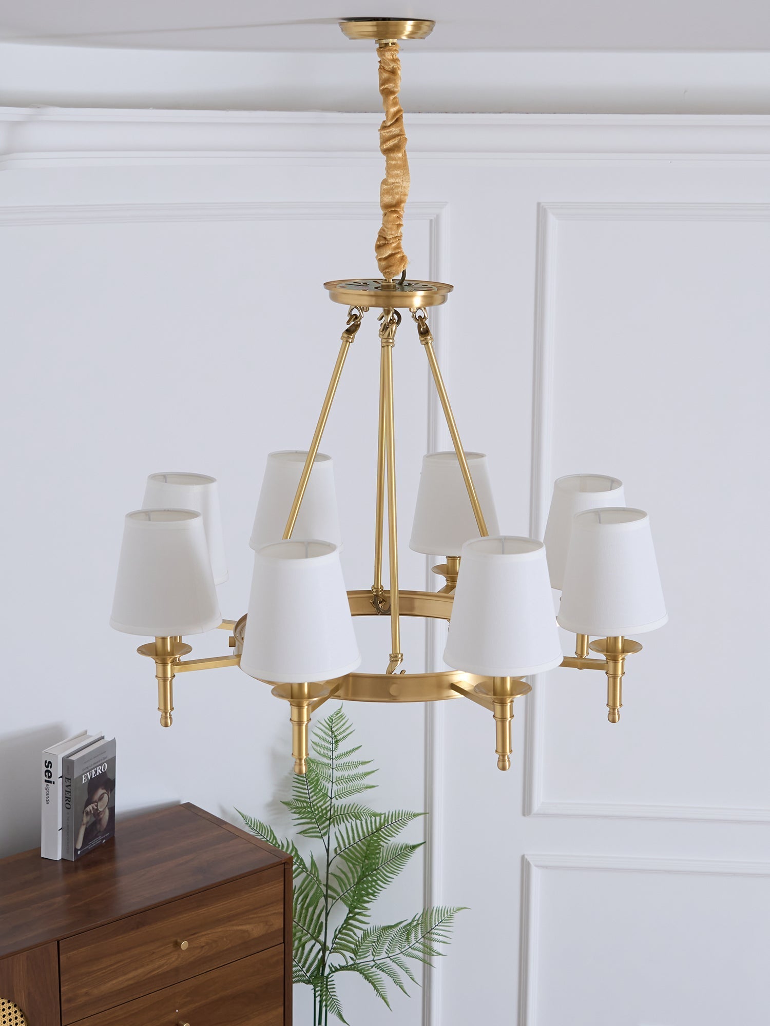 Dyvlen Chandelier Brass Linen Modern 8-Light-Neutral Decor