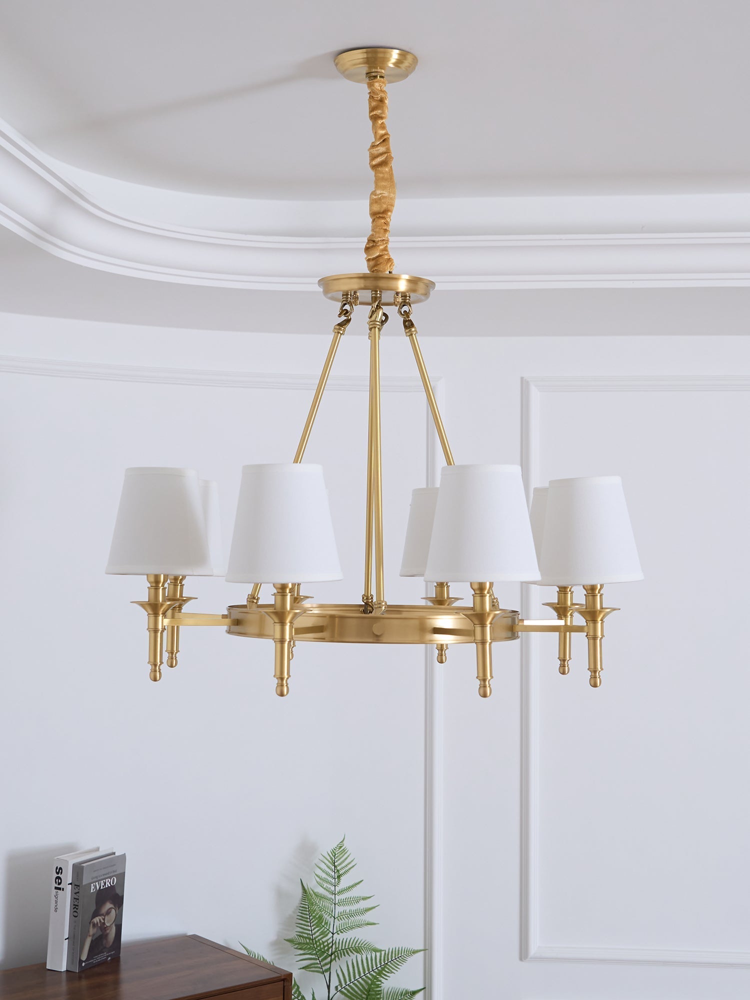Dyvlen Chandelier Brass Linen Modern 8-Light-Neutral Decor