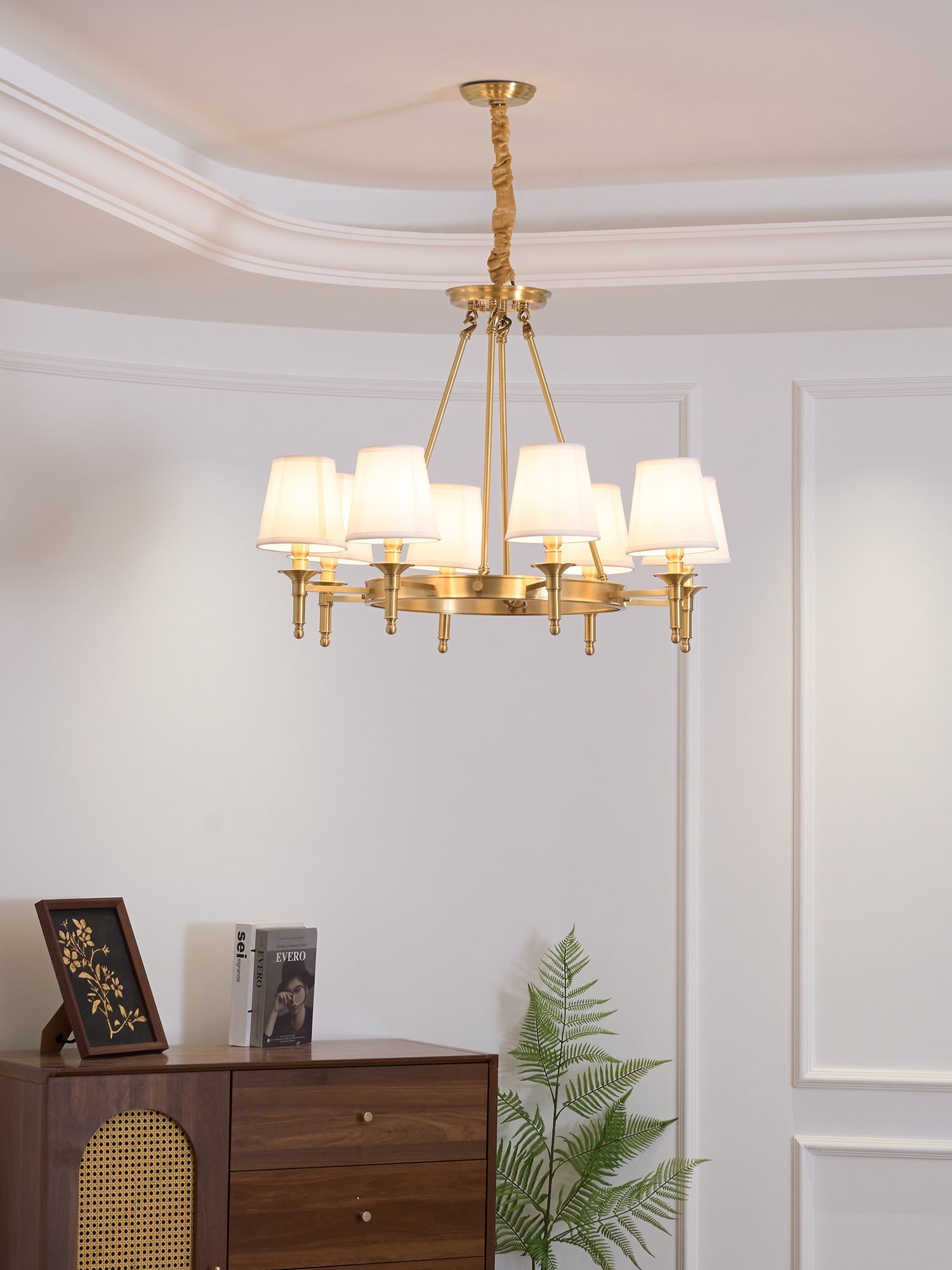 Dyvlen Chandelier Brass Linen Modern 8-Light-Neutral Decor