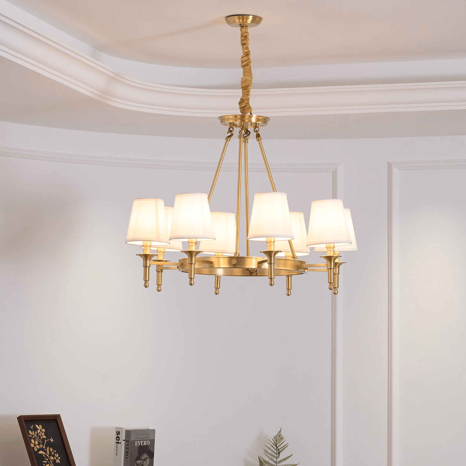 Dyvlen Chandelier Brass Linen Modern 8-Light-Neutral Decor