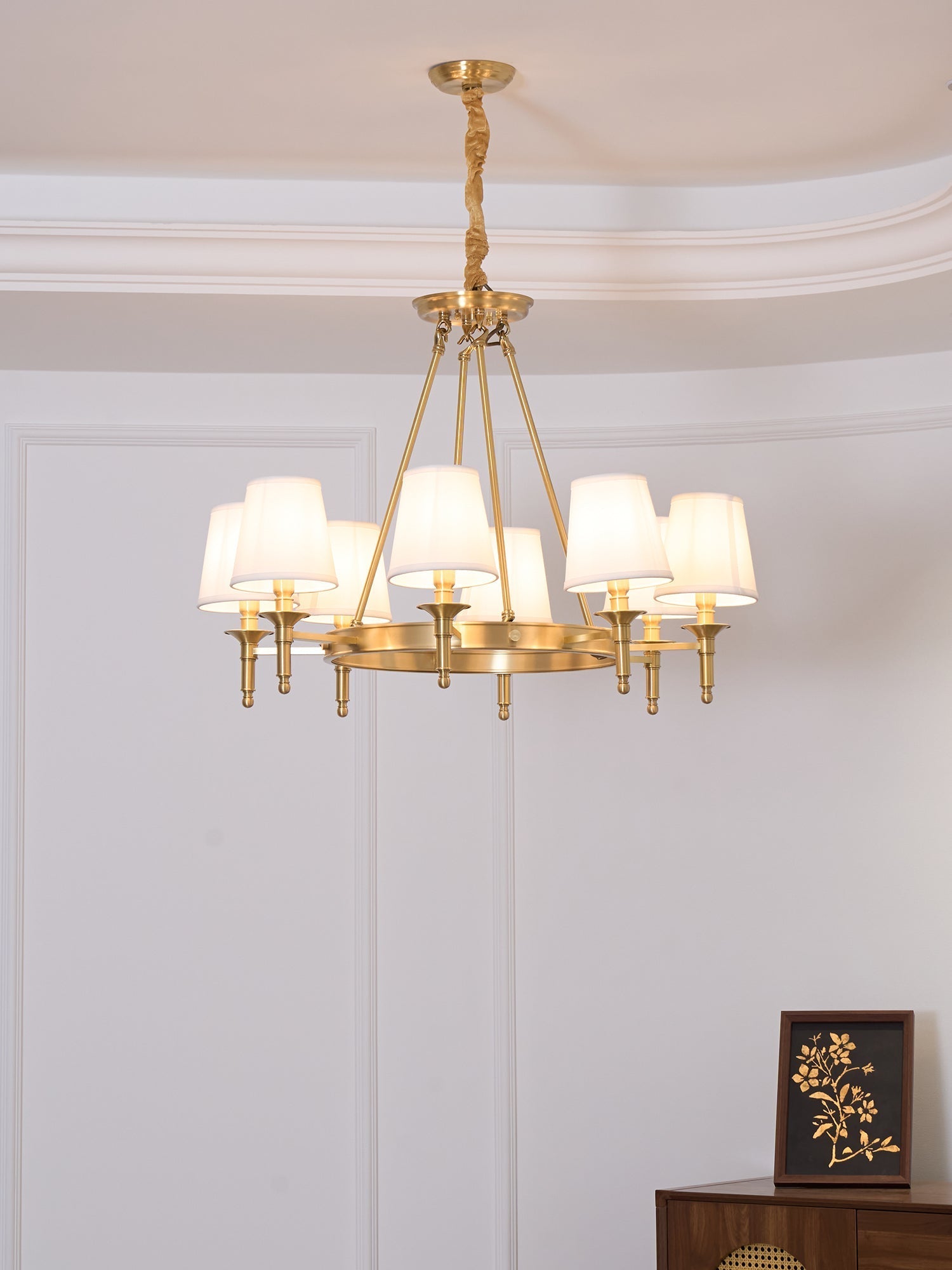 Dyvlen Chandelier Brass Linen Modern 8-Light-Neutral Decor