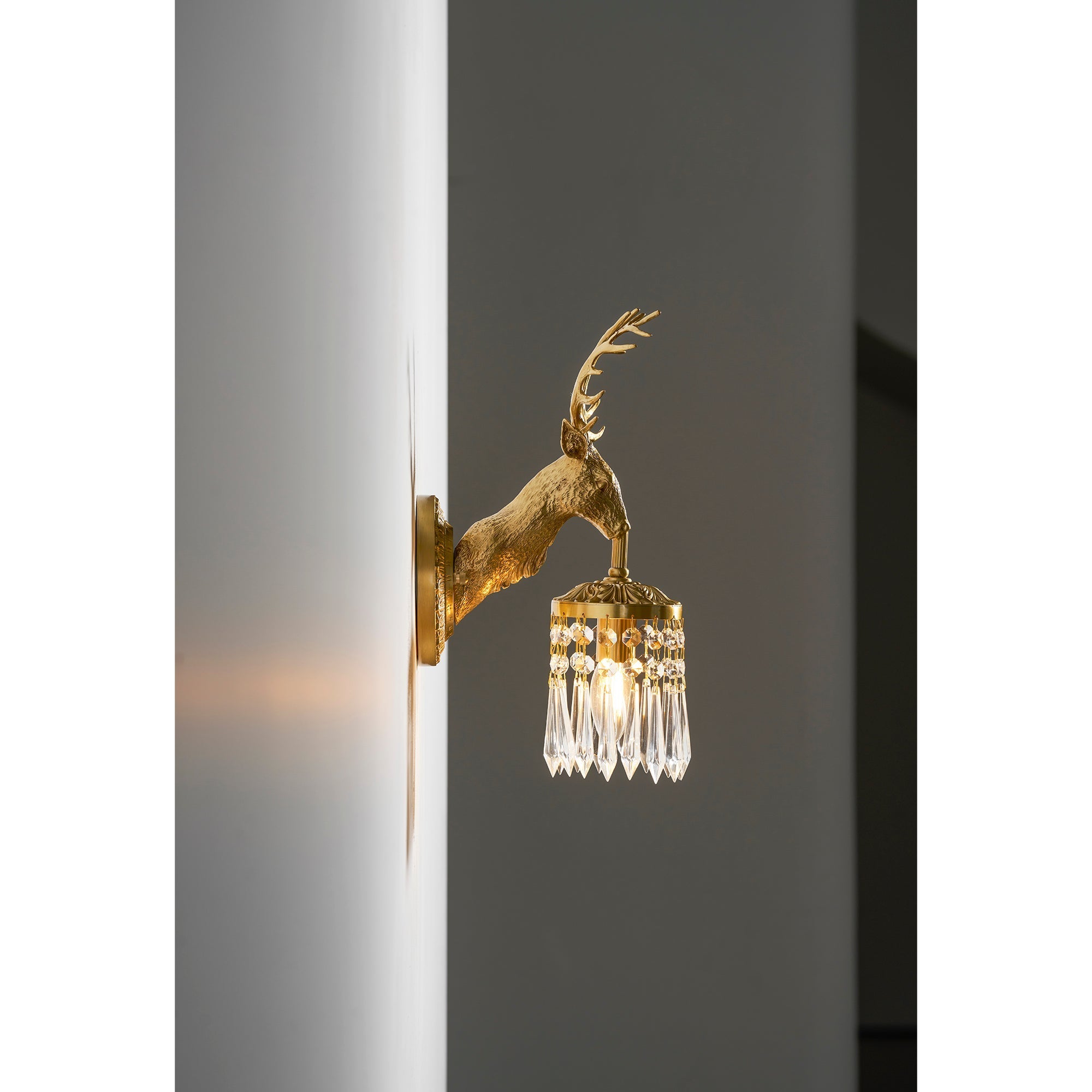 The Antler Crystal Wall Lamp next to a doorway.