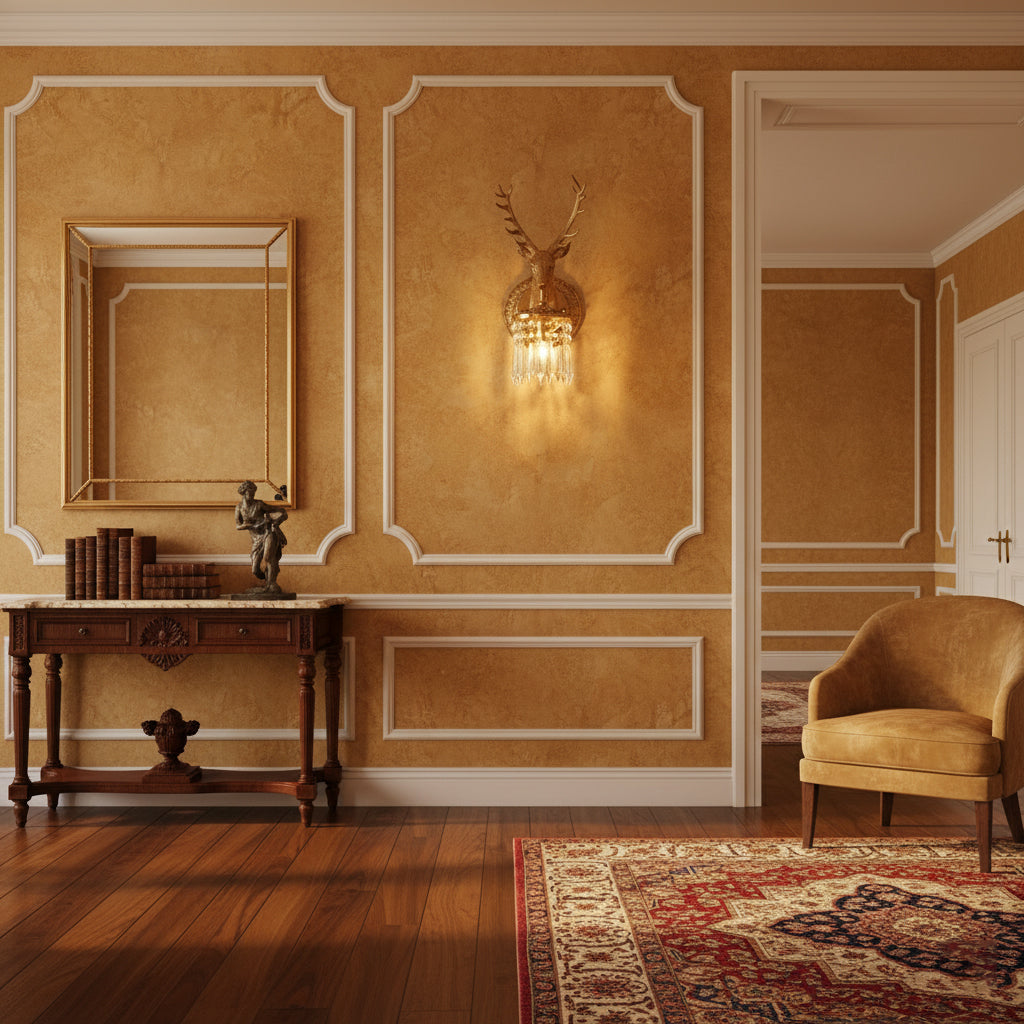 The Antler Crystal Wall Lamp illuminated, casting a warm glow.