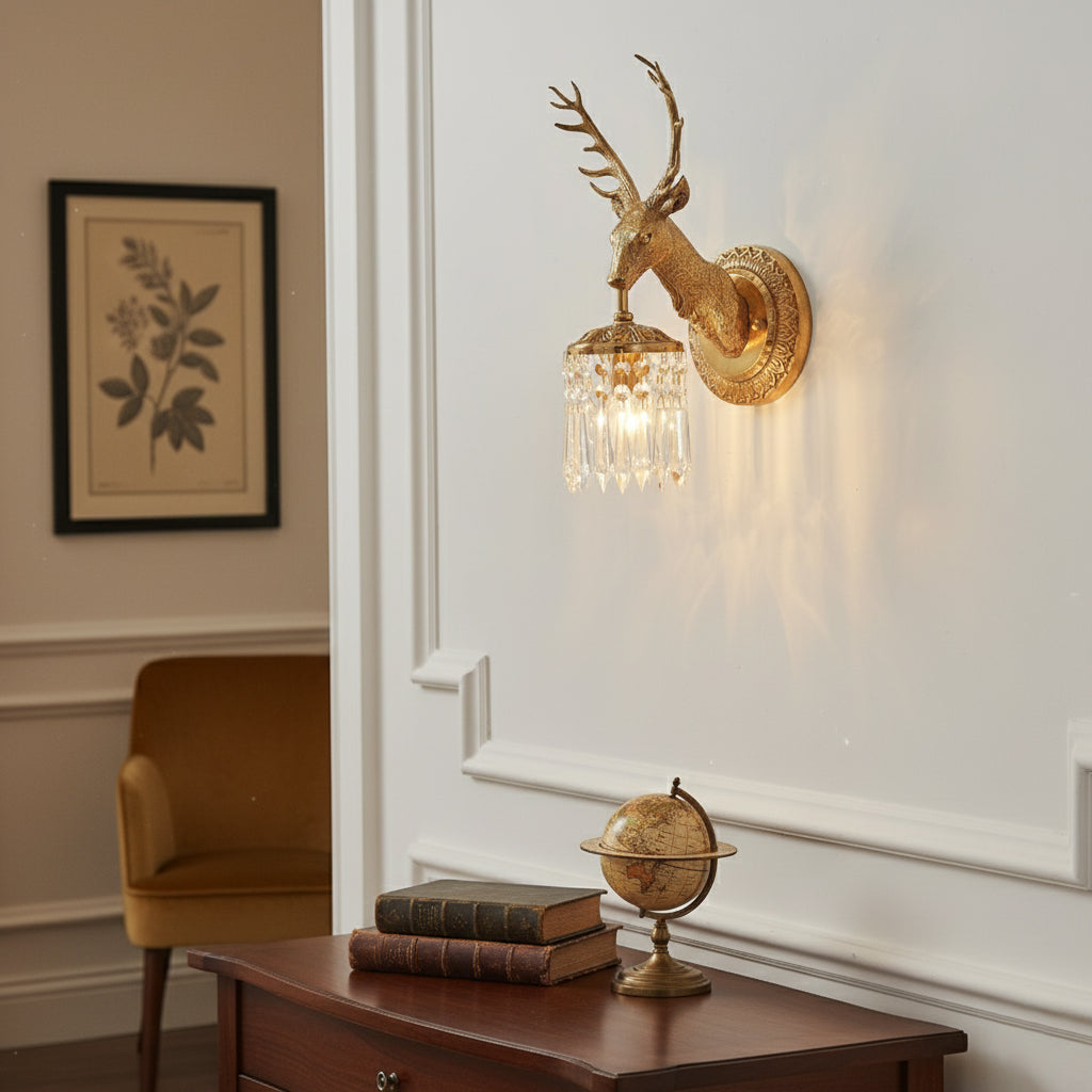 A pair of Antler Crystal Wall Lamps flanking a fireplace.