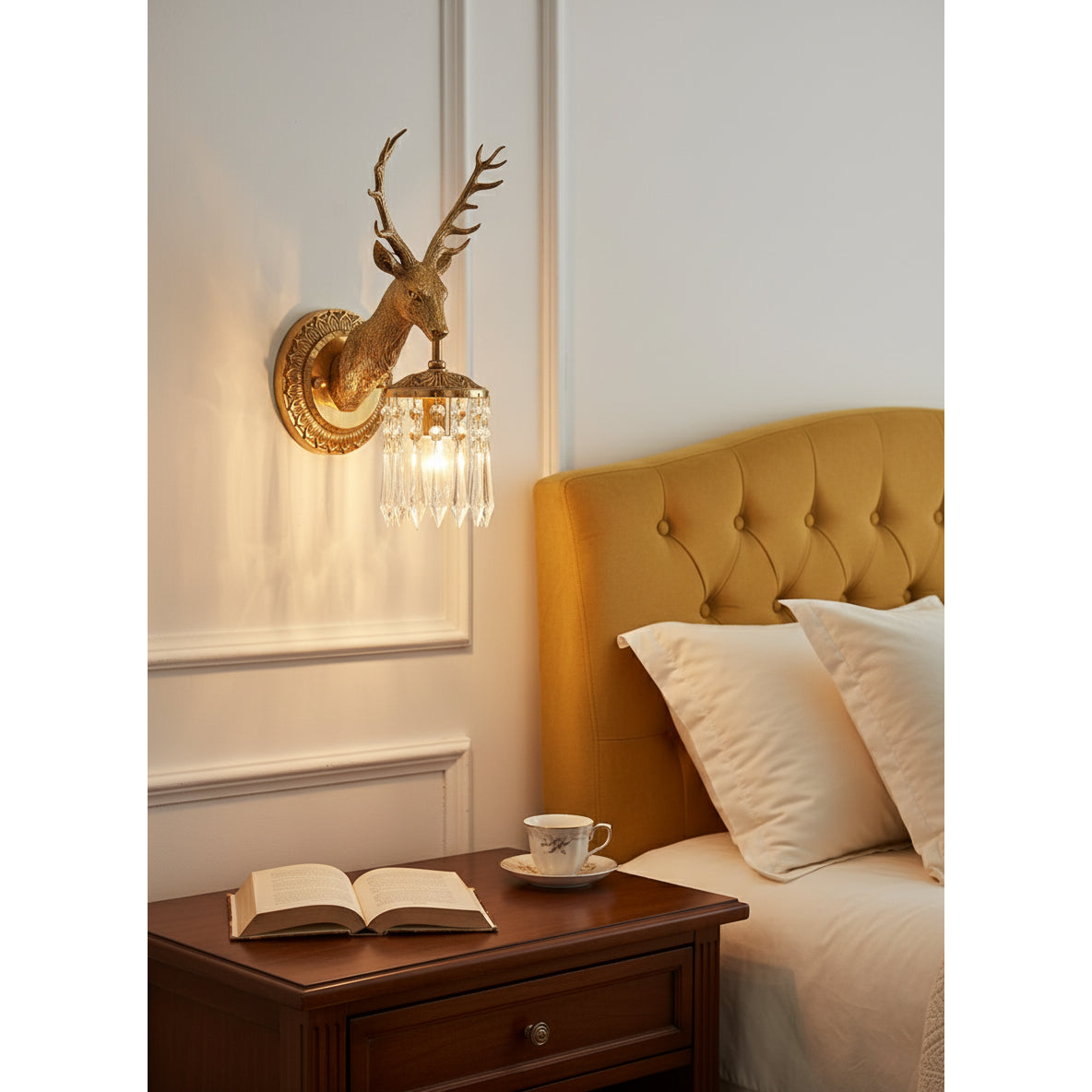 The wall sconce shown in a library with dark wood paneling.
