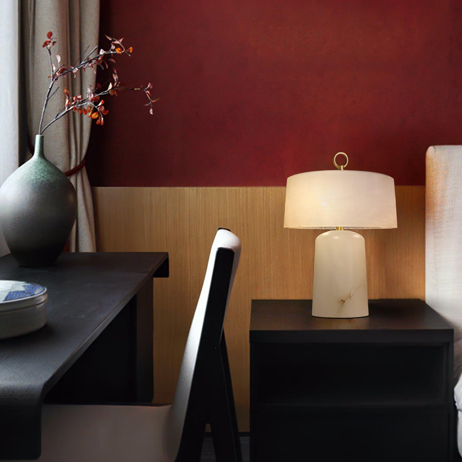 Eurvynyra Drum Alabaster Table Lamp-Neutral Decor