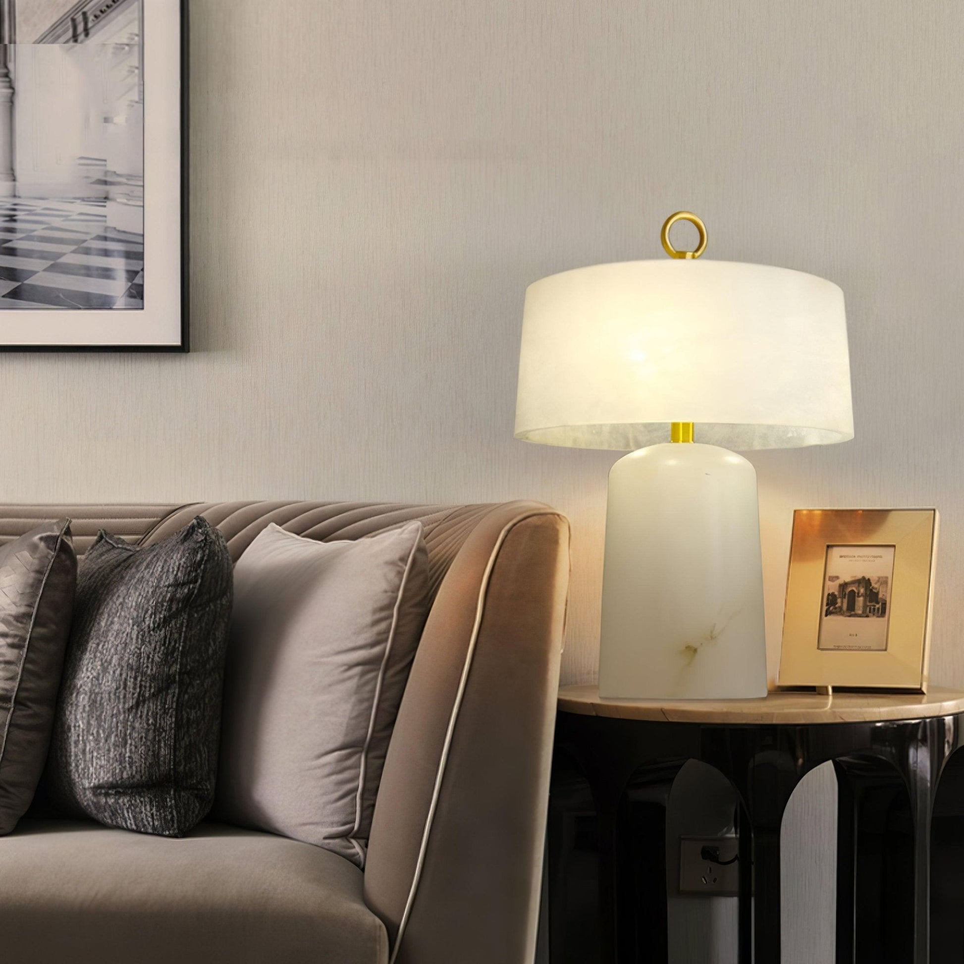 Eurvynyra Drum Alabaster Table Lamp-Neutral Decor
