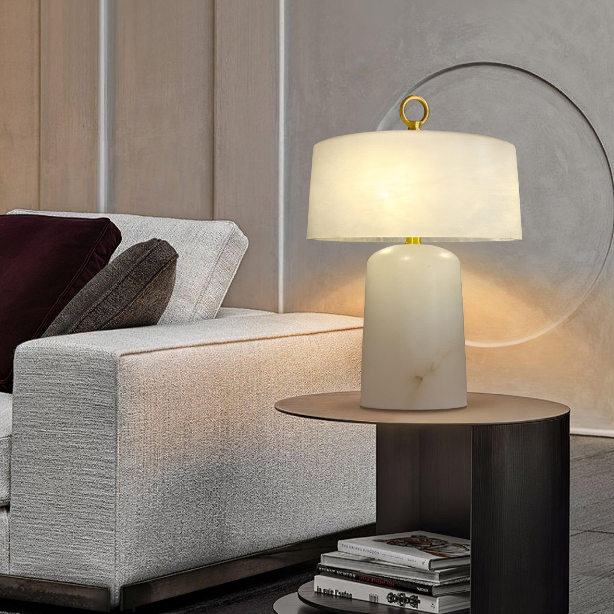 Eurvynyra Drum Alabaster Table Lamp-Neutral Decor