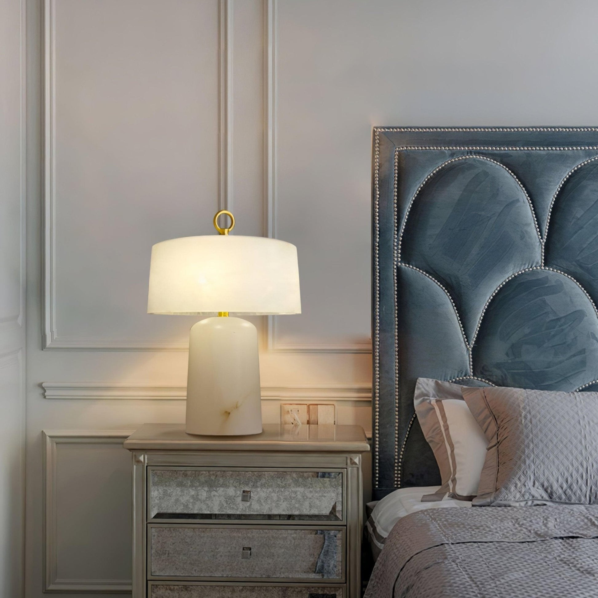 Eurvynyra Drum Alabaster Table Lamp-Neutral Decor