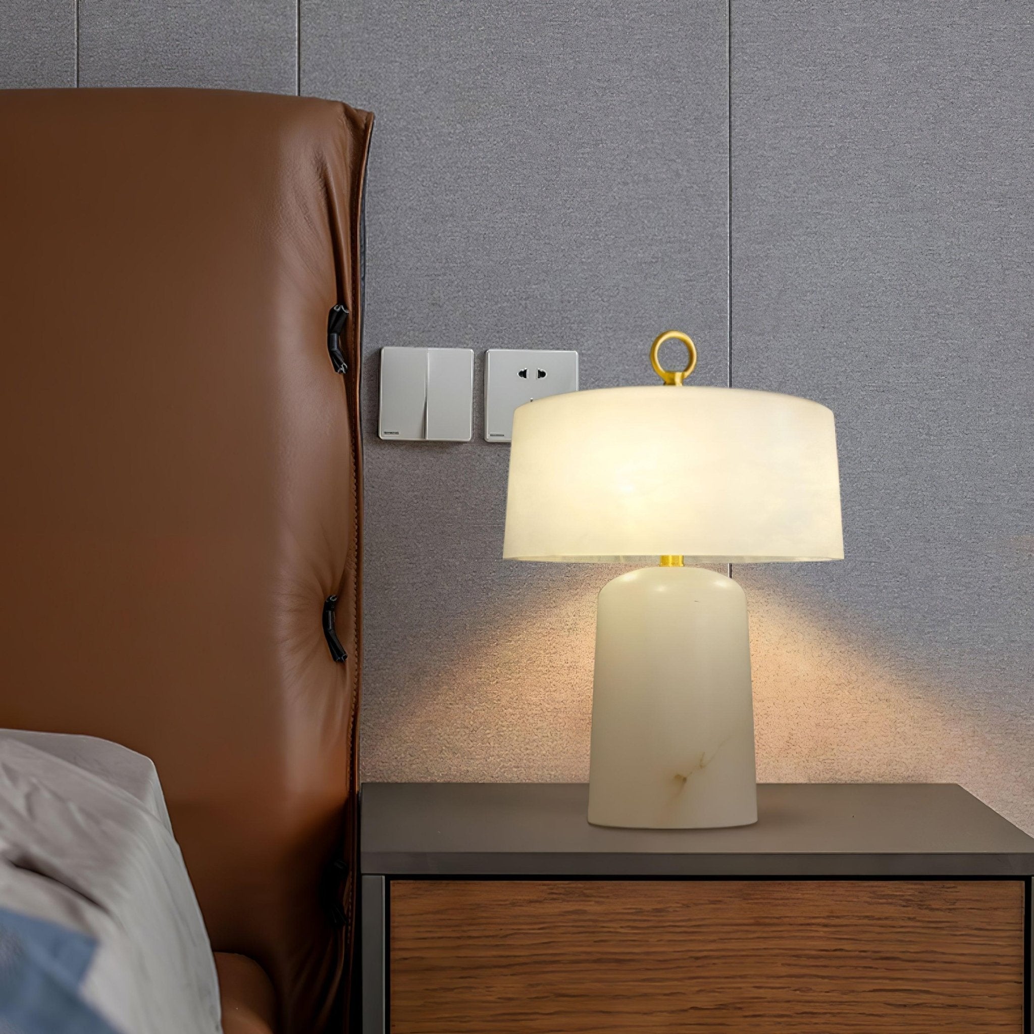Eurvynyra Drum Alabaster Table Lamp-Neutral Decor