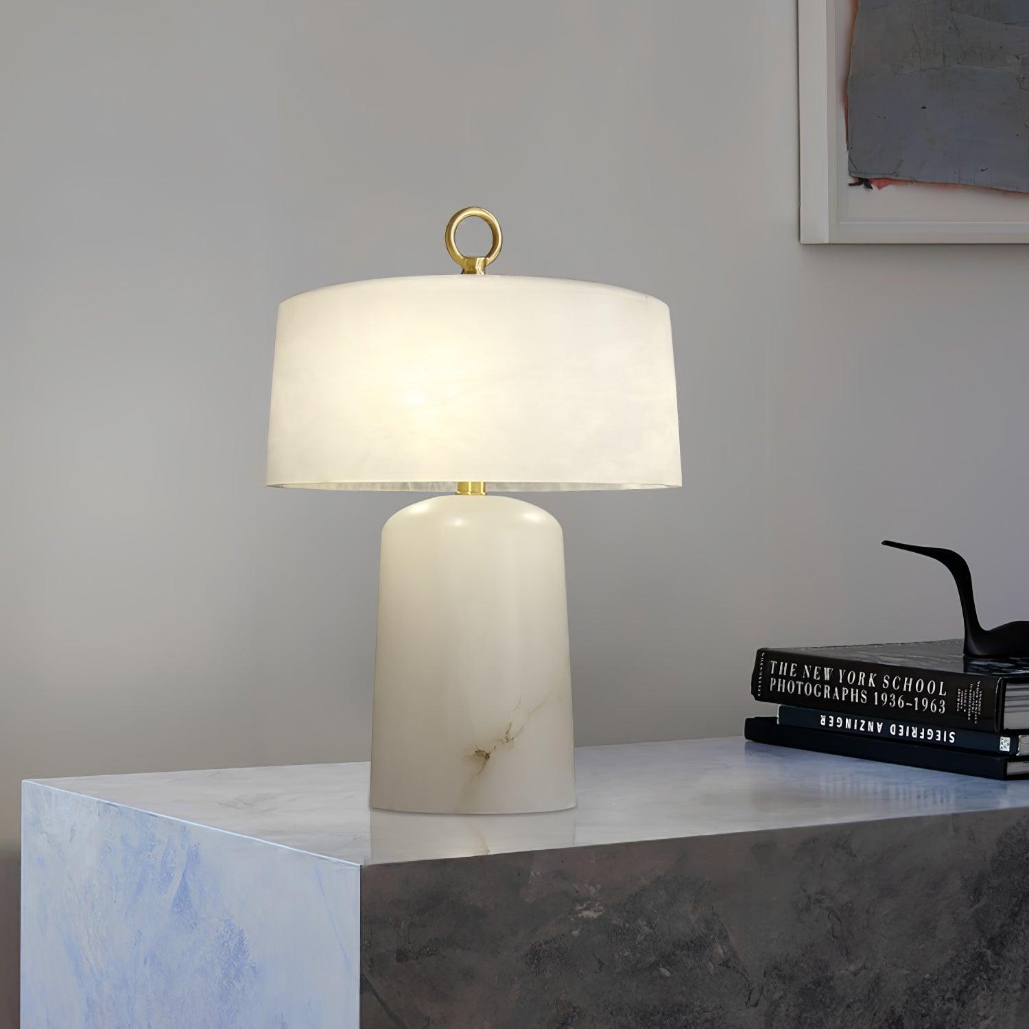 Eurvynyra Drum Alabaster Table Lamp-Neutral Decor