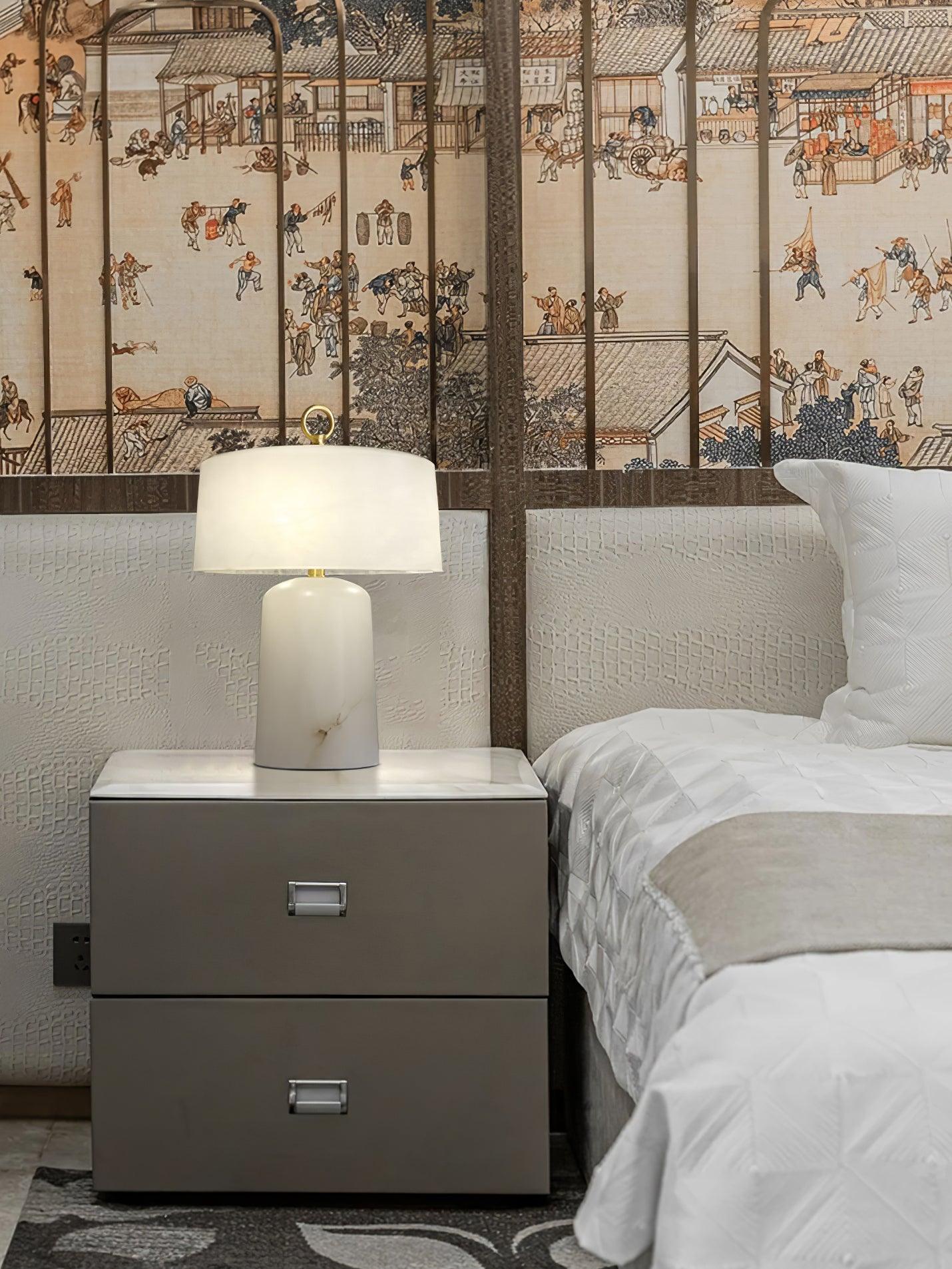 Eurvynyra Drum Alabaster Table Lamp-Neutral Decor