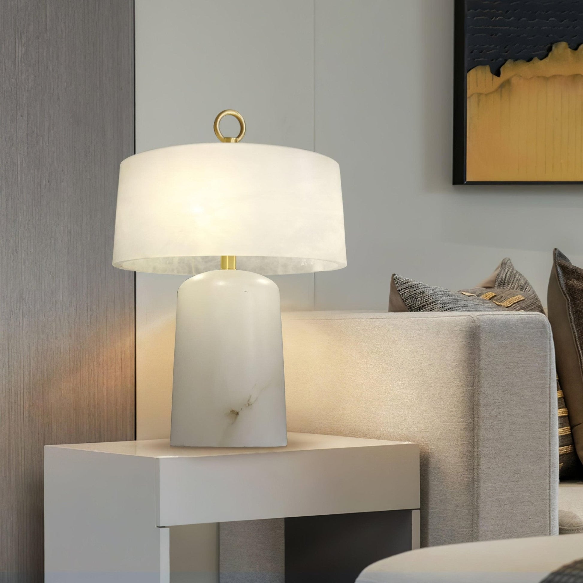 Eurvynyra Drum Alabaster Table Lamp-Neutral Decor