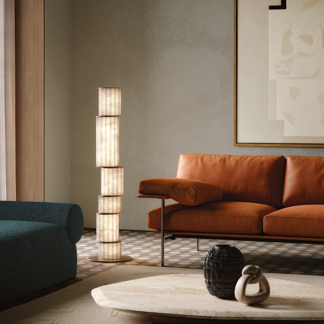 Close-up of the stacked alabaster cylinders and bronze rings of the Apadana floor lamp.