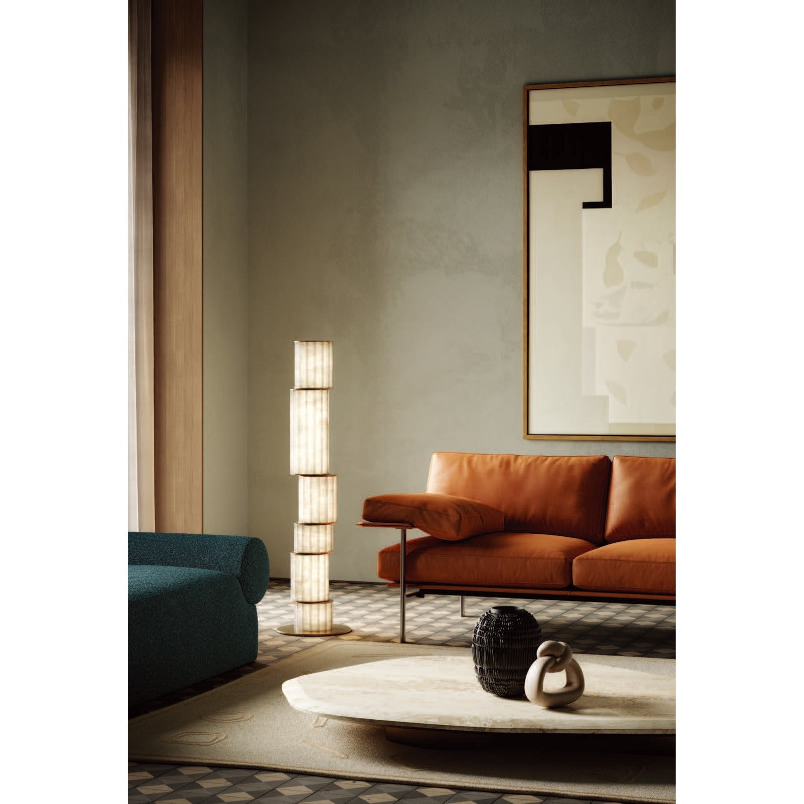 Lifestyle image showing the Apadana floor lamp in a modern foyer entry.