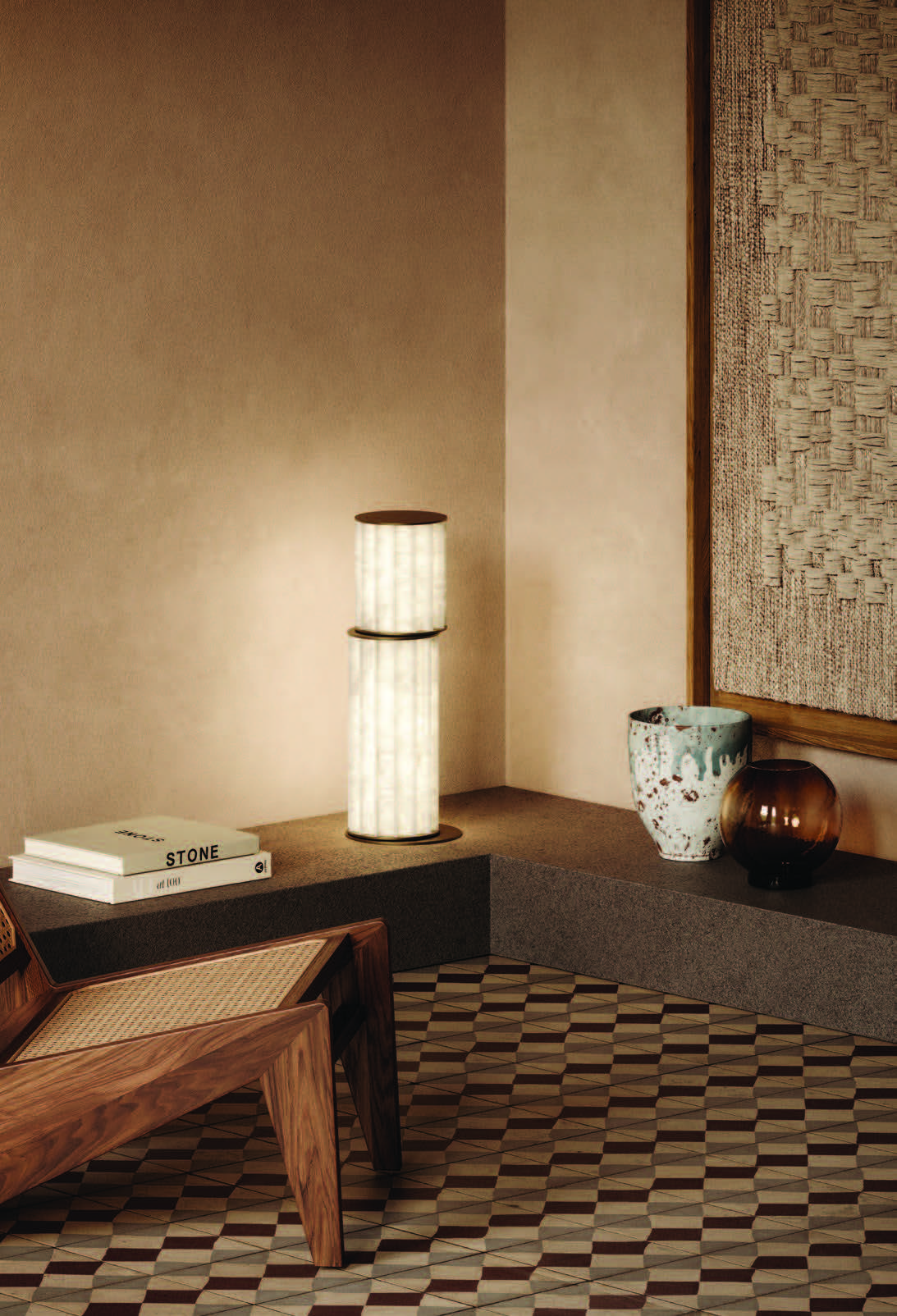 Close-up of the natural alabaster lampshade showing its unique veining.