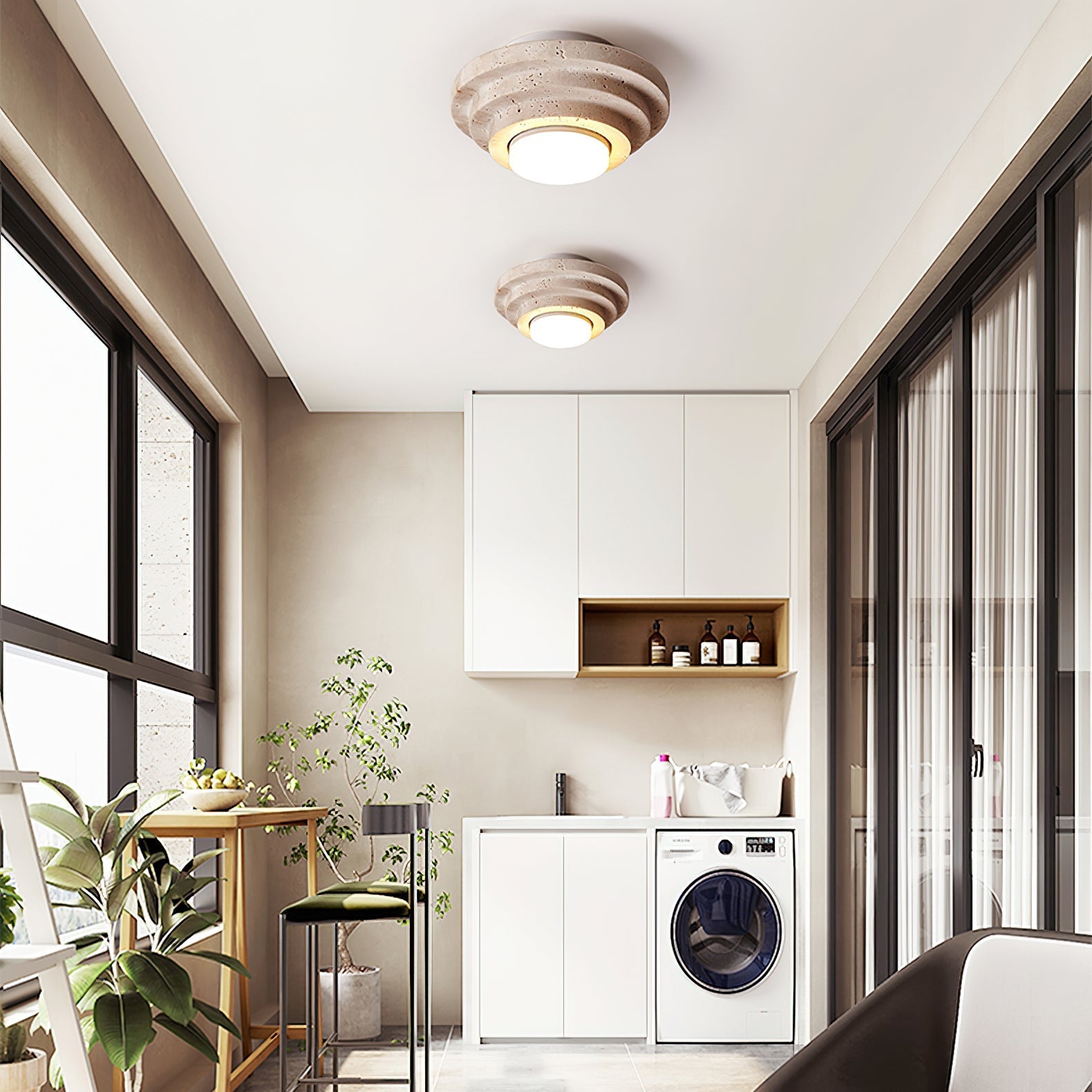 Zadoraris Tiered-Disc Travertine Ceiling Light-Neutral Decor