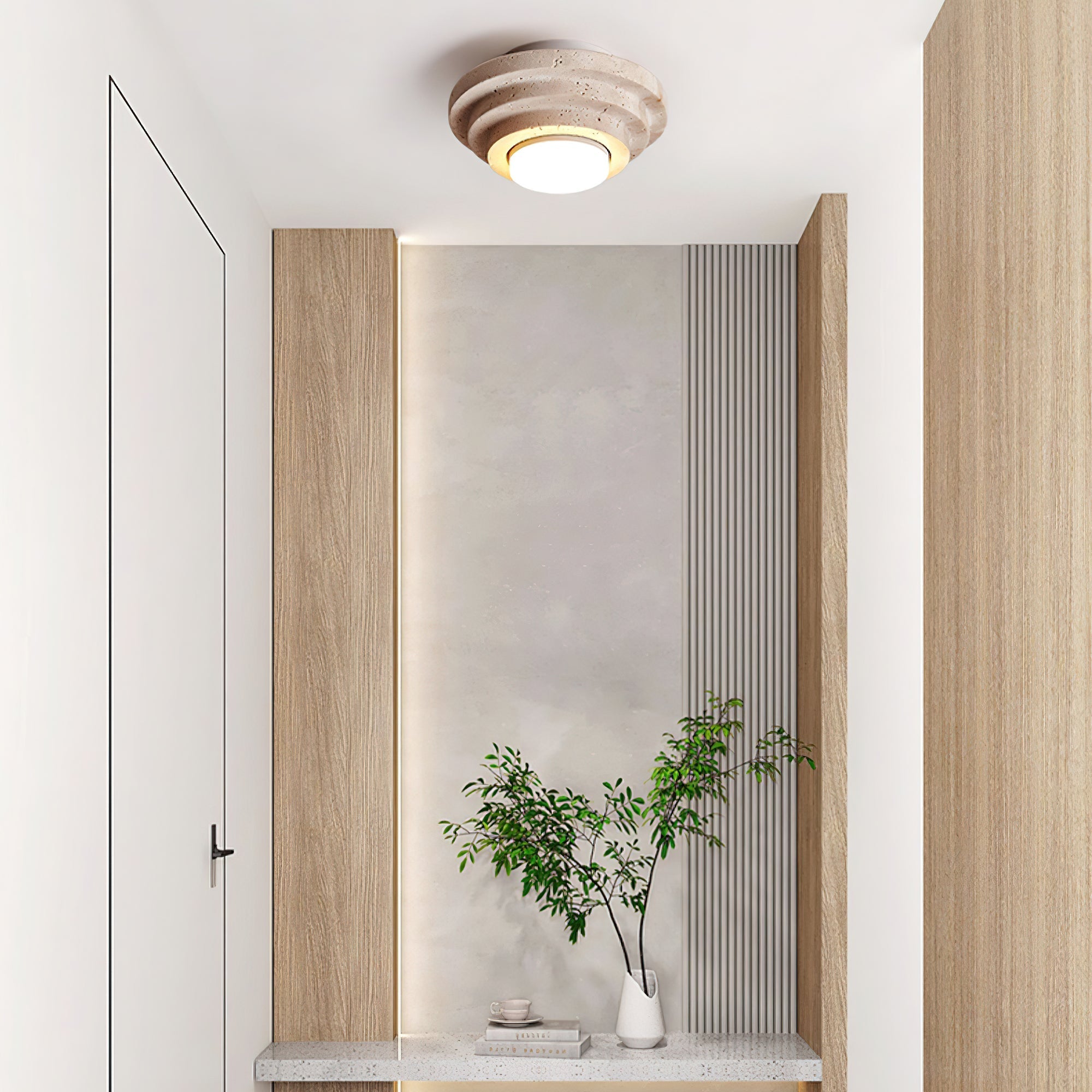 Zadoraris Tiered-Disc Travertine Ceiling Light-Neutral Decor