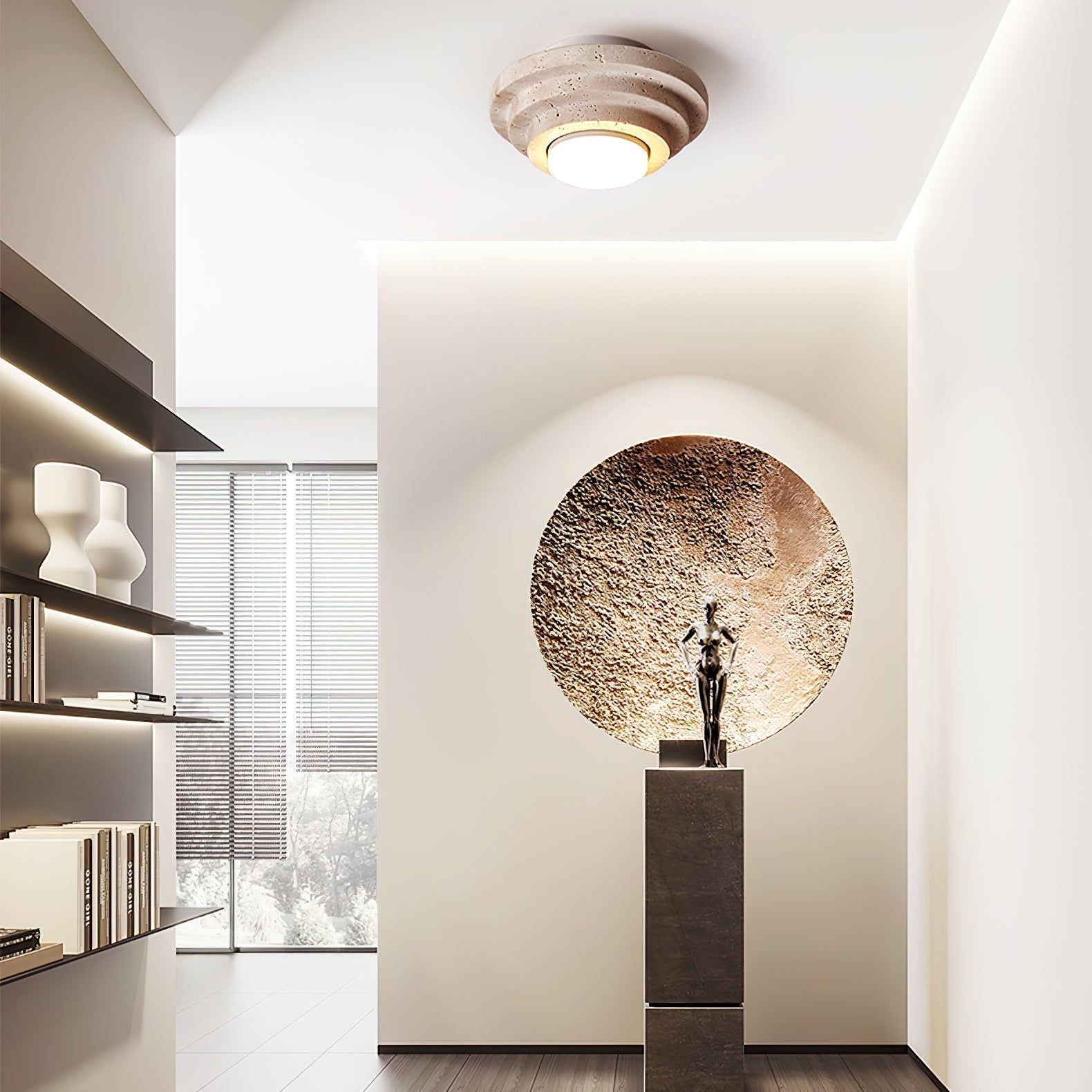 Zadoraris Tiered-Disc Travertine Ceiling Light-Neutral Decor