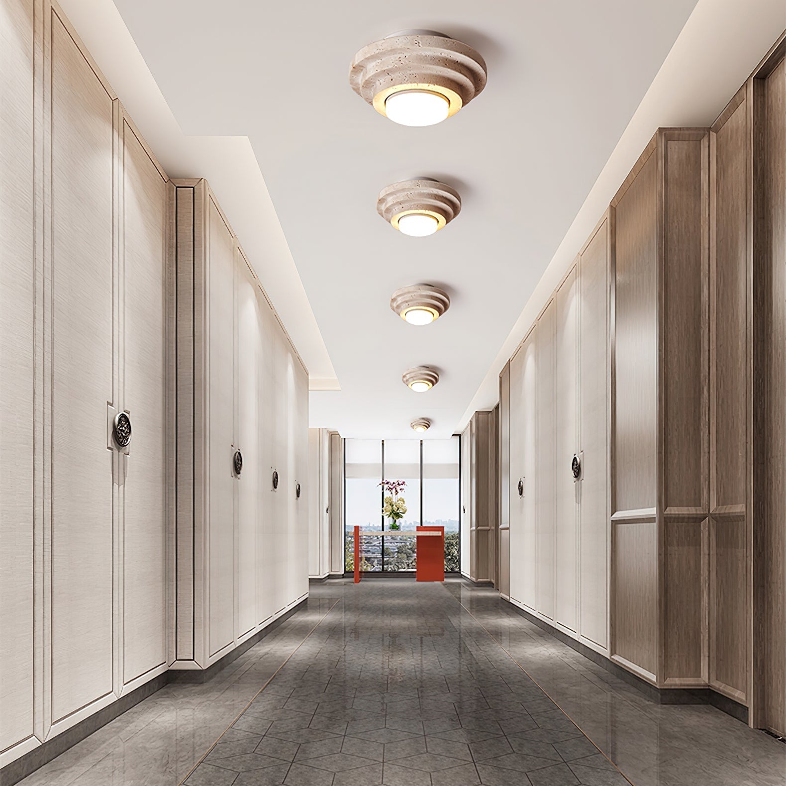 Zadoraris Tiered-Disc Travertine Ceiling Light-Neutral Decor