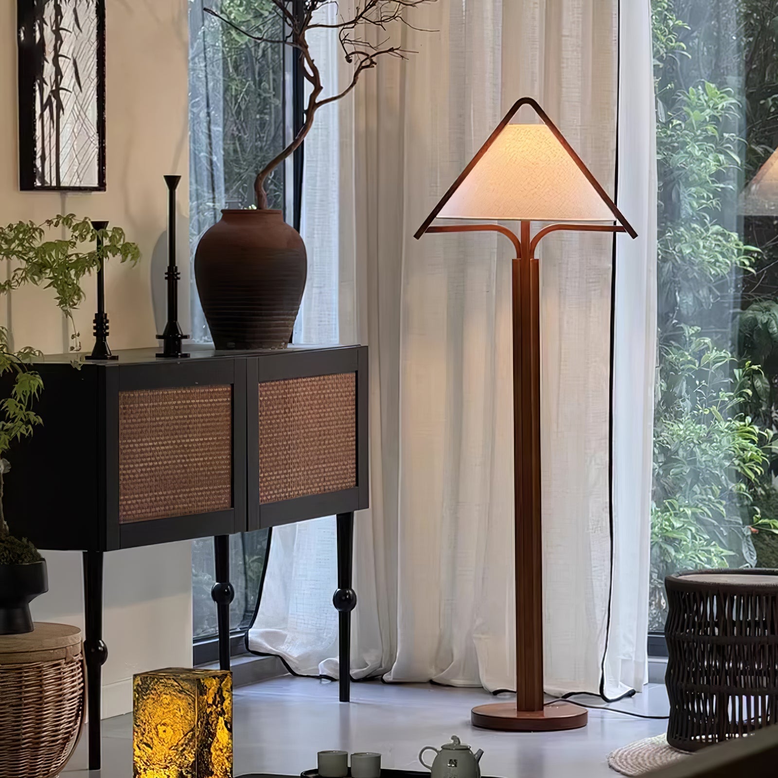 Ersolan Triangular Wood & Fabric Floor Lamp-Neutral Decor