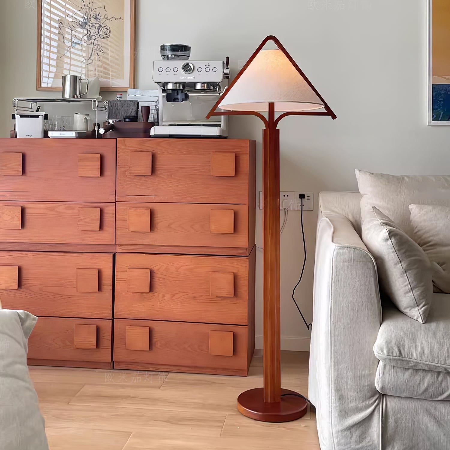 Ersolan Triangular Wood & Fabric Floor Lamp-Neutral Decor