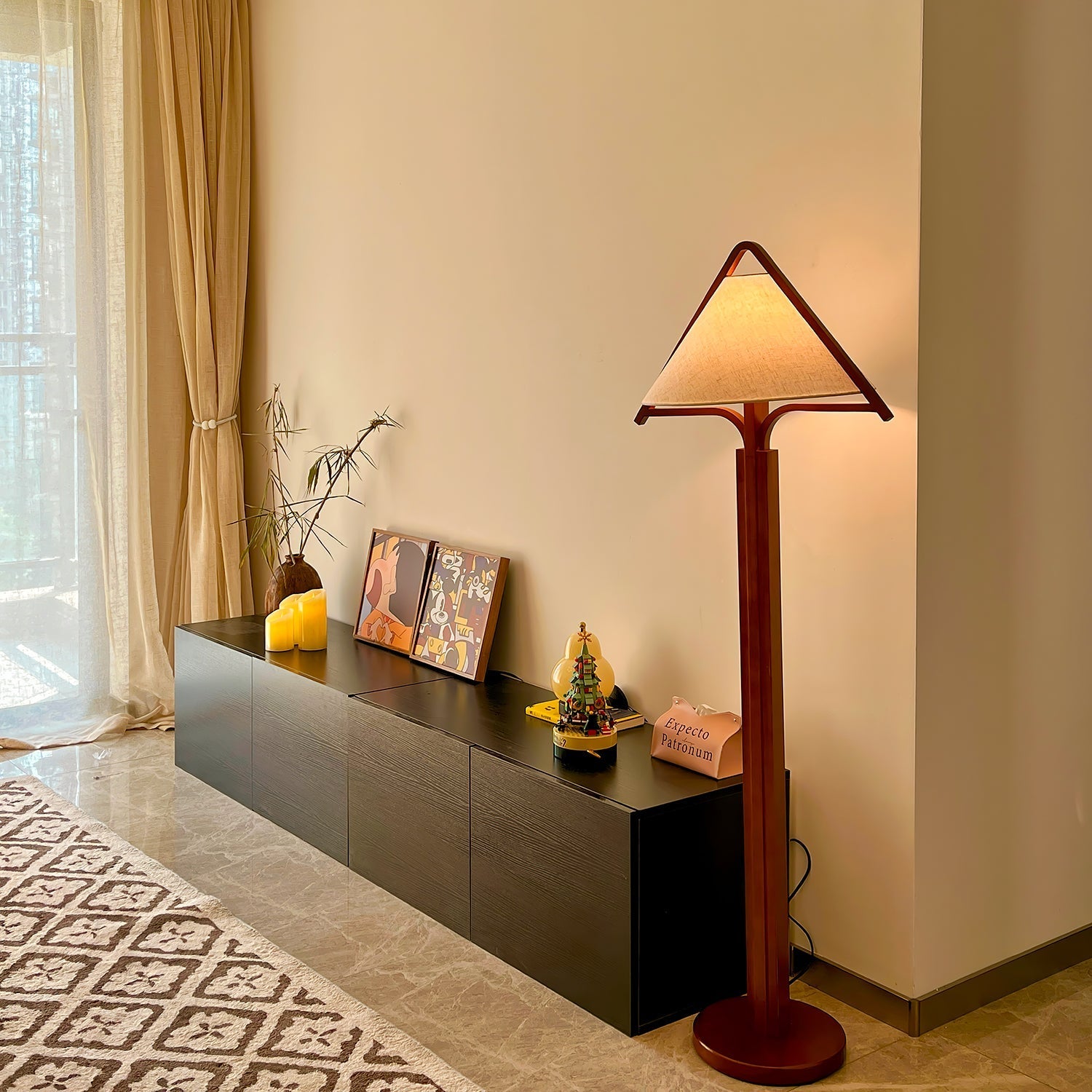 Ersolan Triangular Wood & Fabric Floor Lamp-Neutral Decor