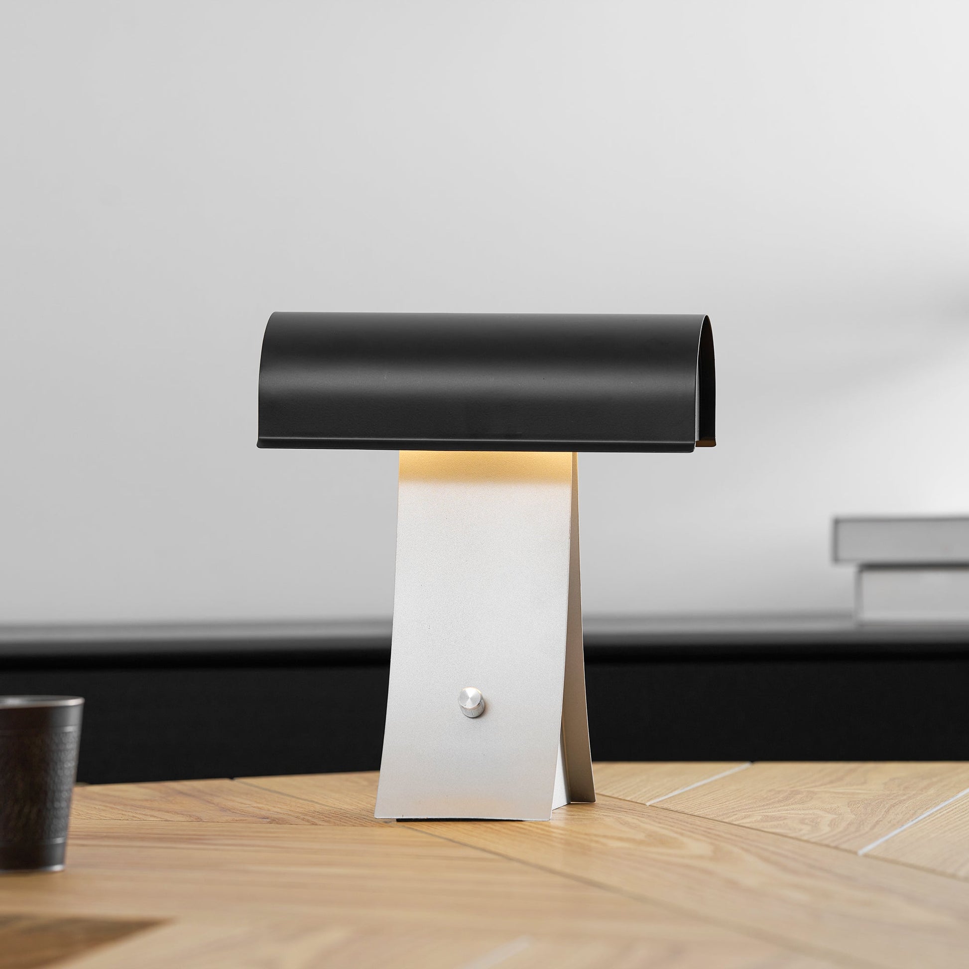 Archive Table Lamp in Silver & Black, front view.