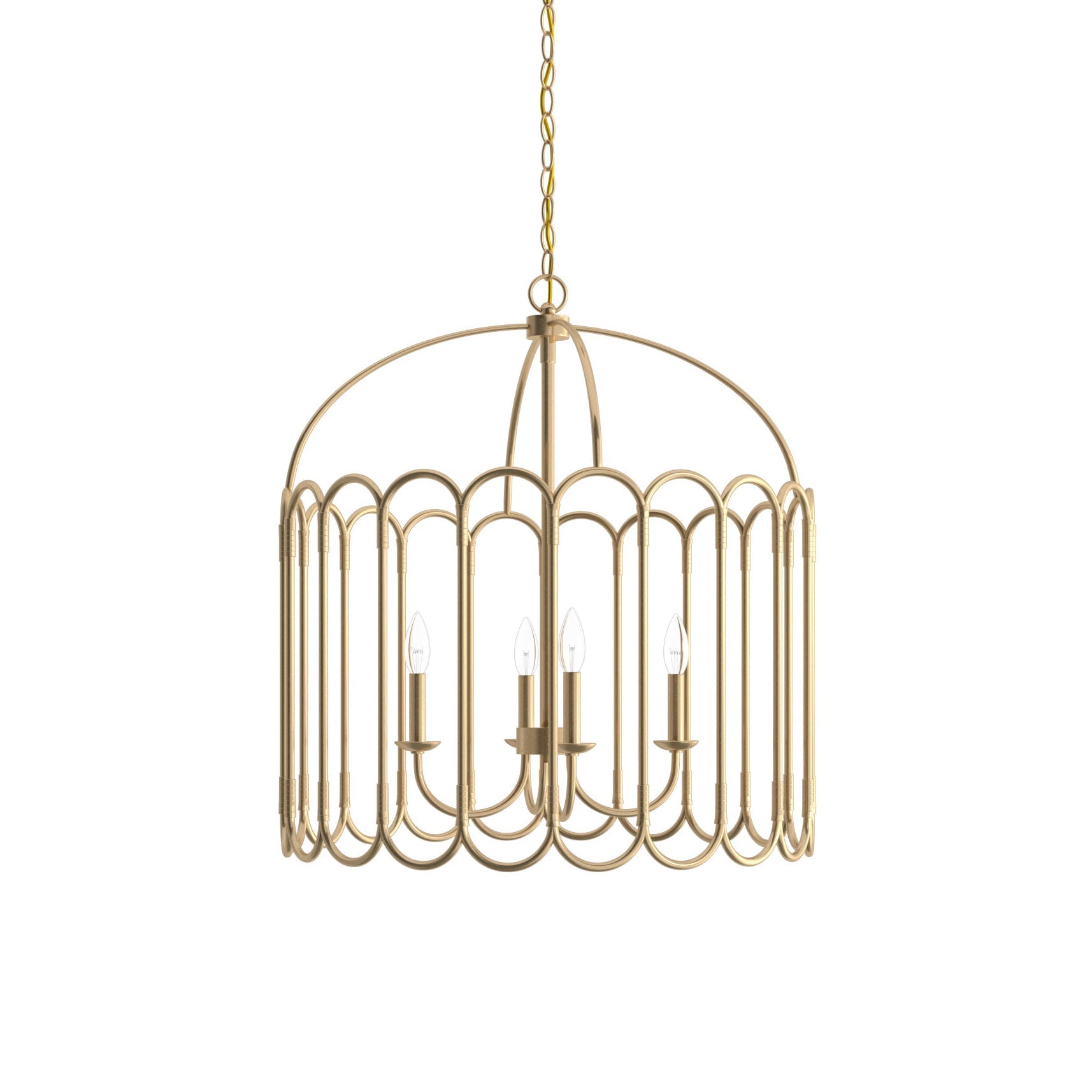 Argente Chandelier with a geometric brass frame against a plain background.