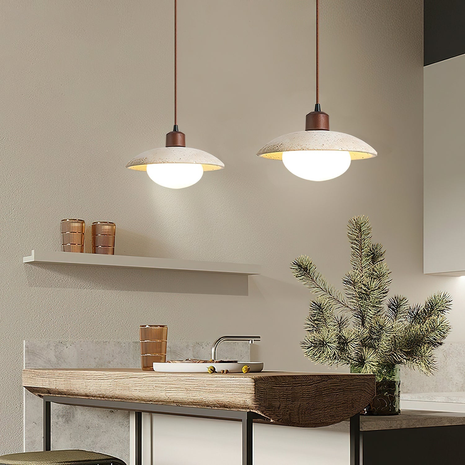 Delora Dome-Shade Travertine Pendant Light-Neutral Decor