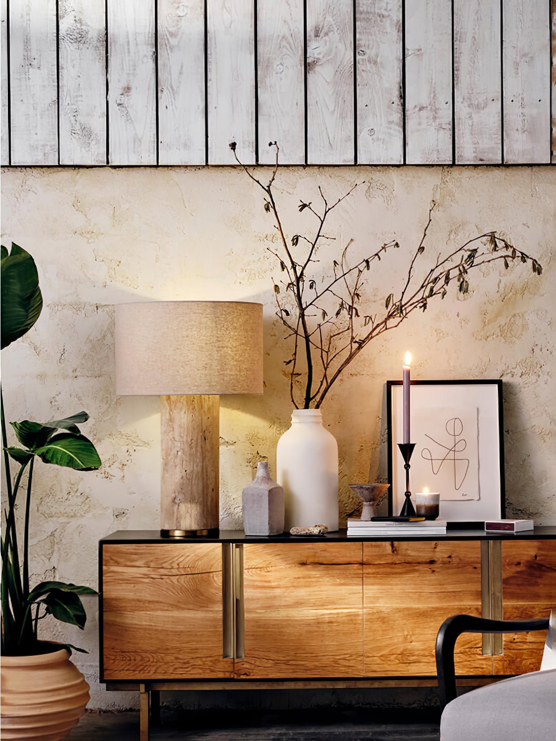 Vonoryra Cylindrical Travertine Table Lamp-Neutral Decor