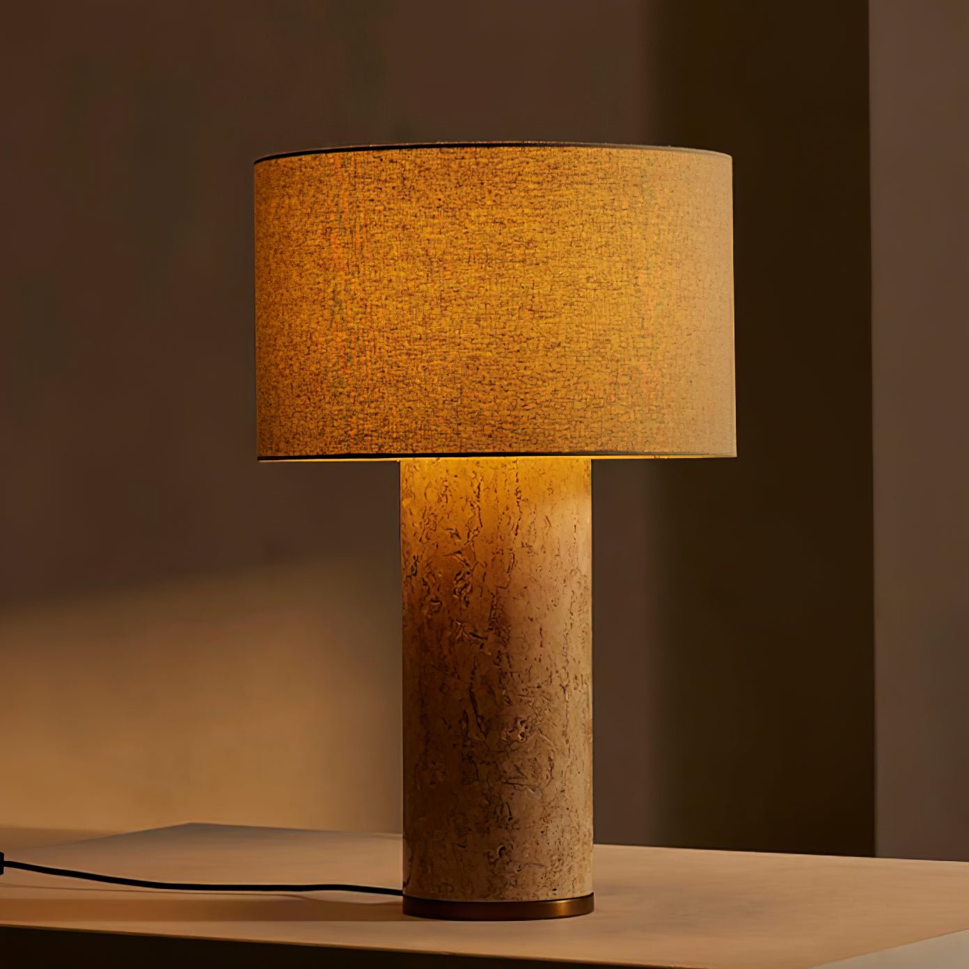Vonoryra Cylindrical Travertine Table Lamp-Neutral Decor