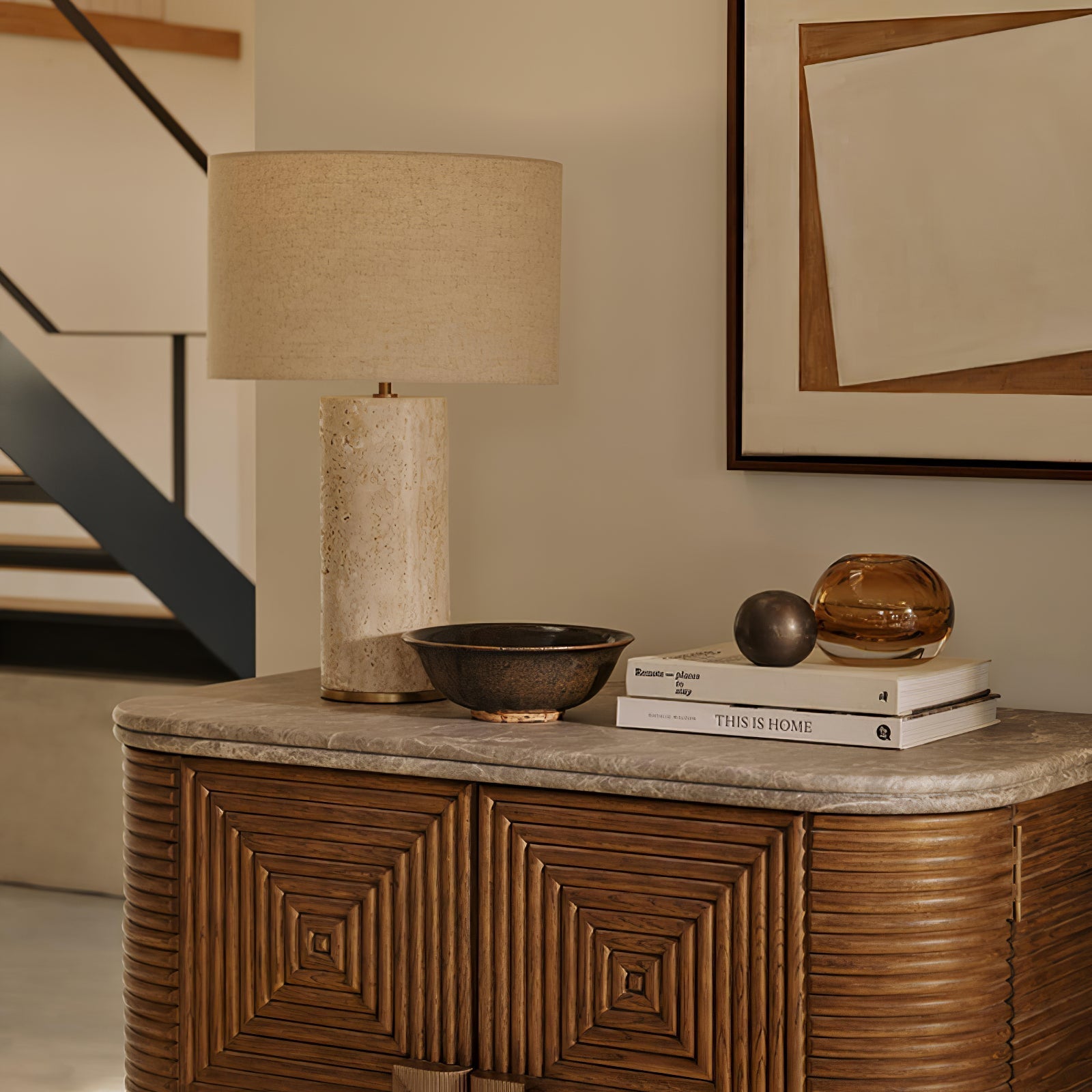 Vonoryra Cylindrical Travertine Table Lamp-Neutral Decor