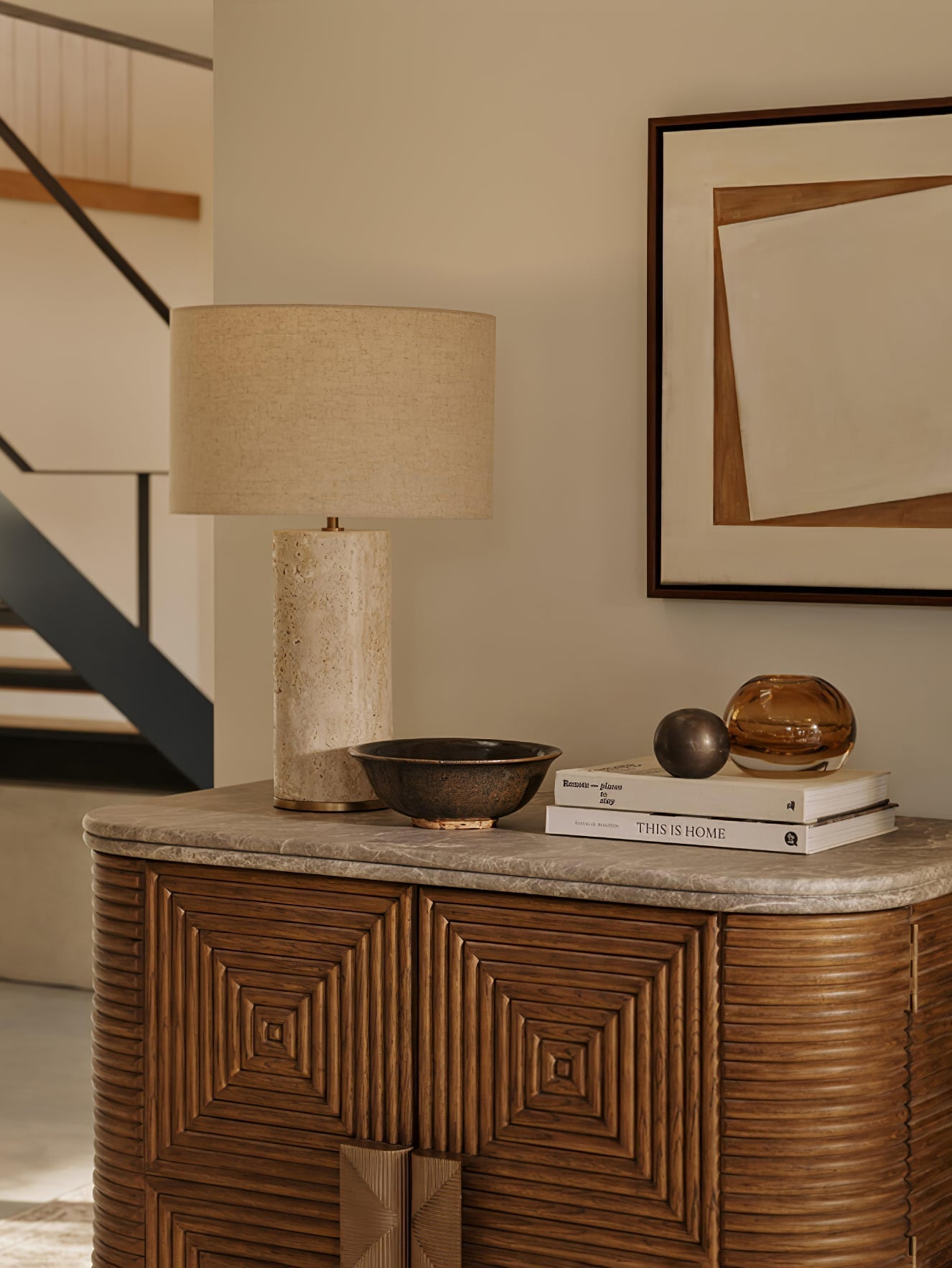 Vonoryra Cylindrical Travertine Table Lamp-Neutral Decor