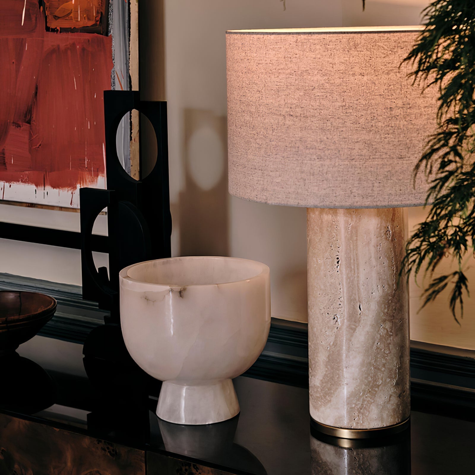 Vonoryra Cylindrical Travertine Table Lamp-Neutral Decor