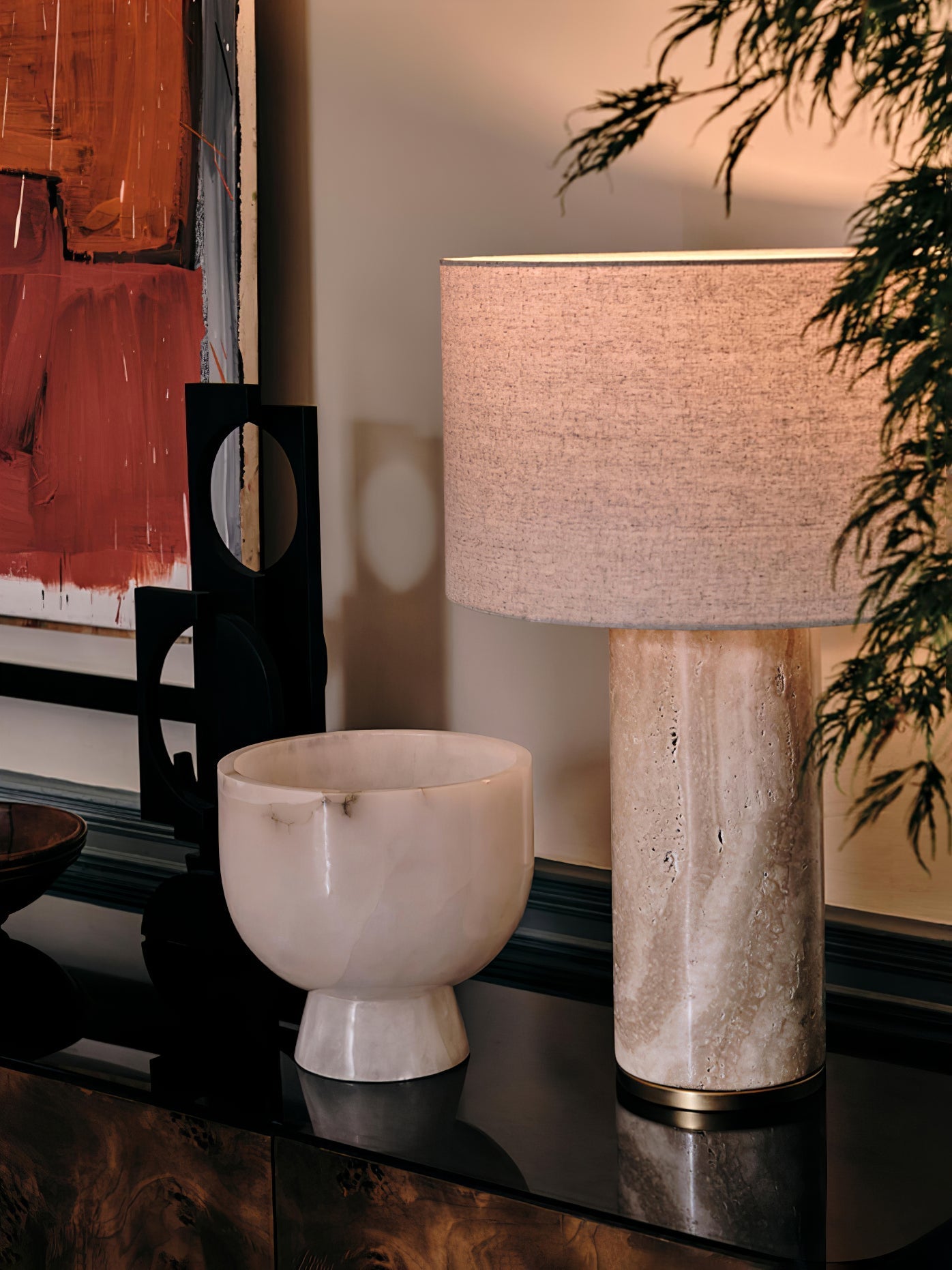 Vonoryra Cylindrical Travertine Table Lamp-Neutral Decor