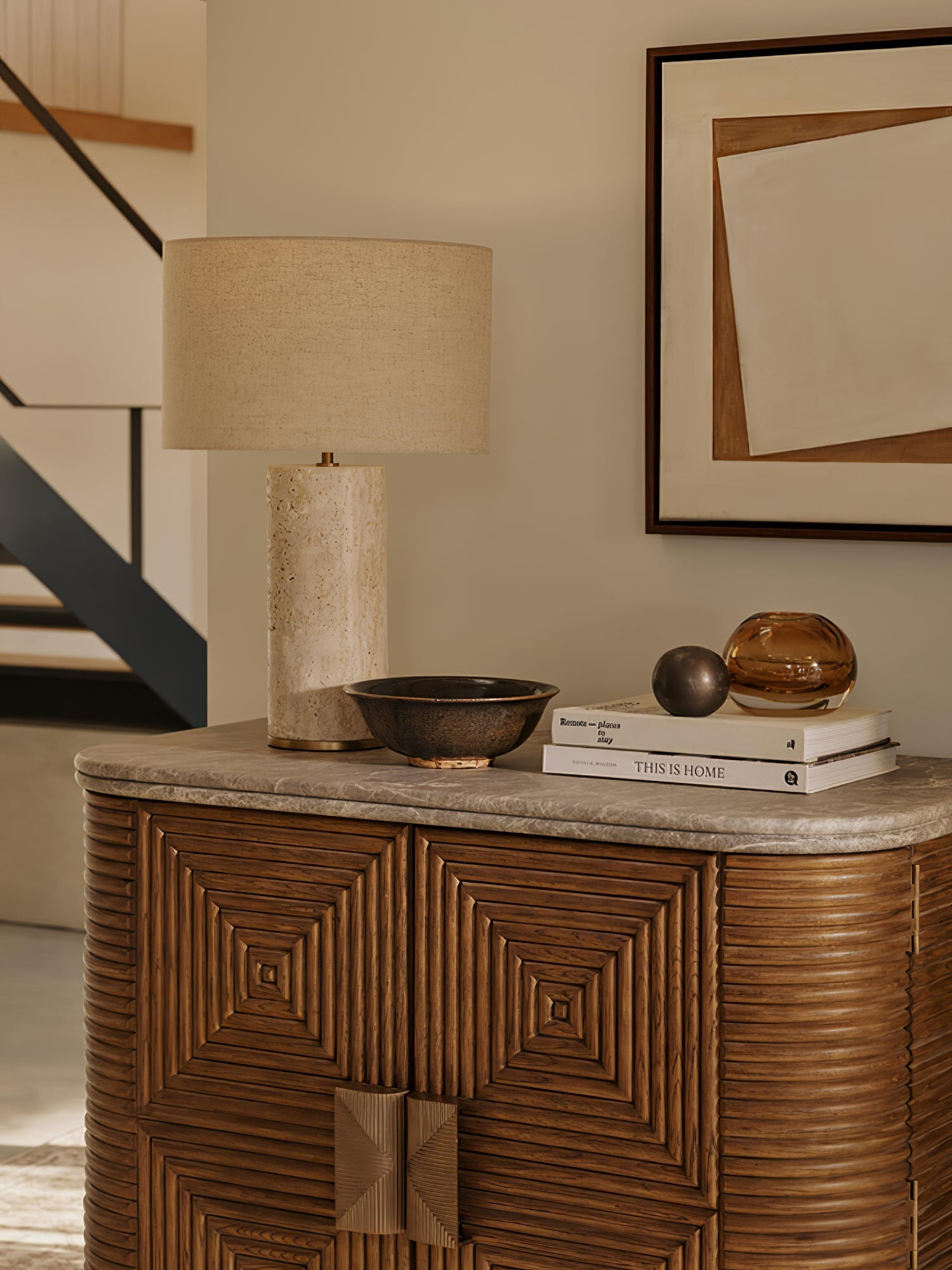 Vonoryra Cylindrical Travertine Table Lamp-Neutral Decor