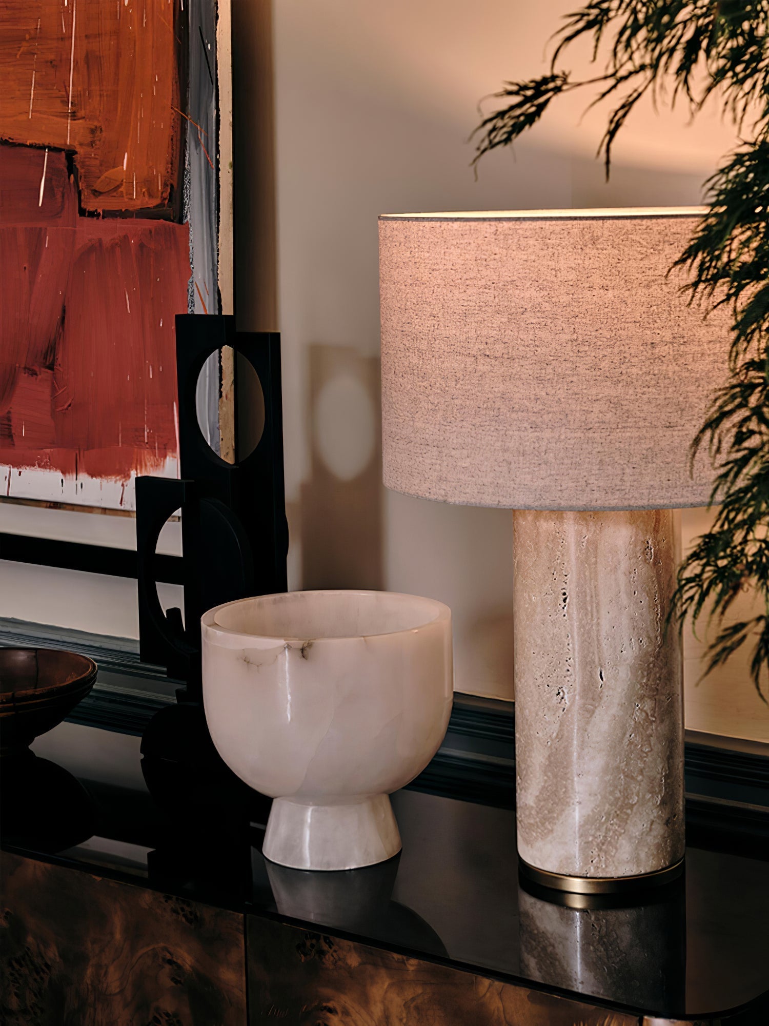 Vonoryra Cylindrical Travertine Table Lamp-Neutral Decor