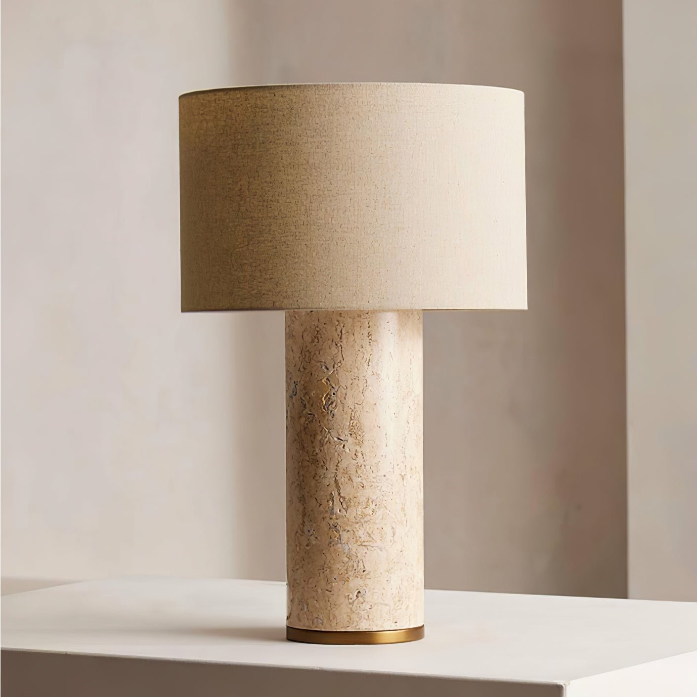 Vonoryra Cylindrical Travertine Table Lamp-Neutral Decor