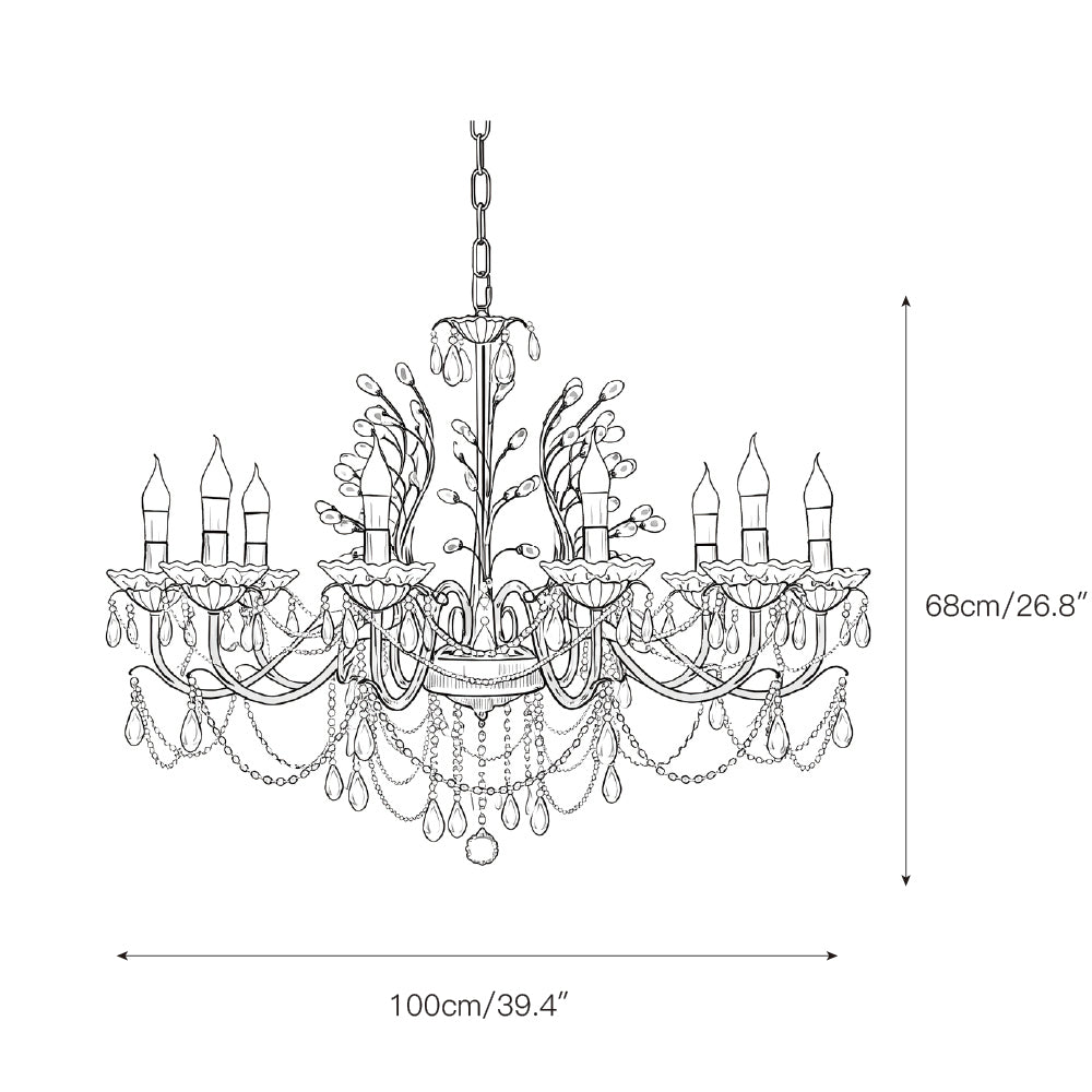 The Ariae Crystal Chandelier illuminated, casting a warm and inviting glow.