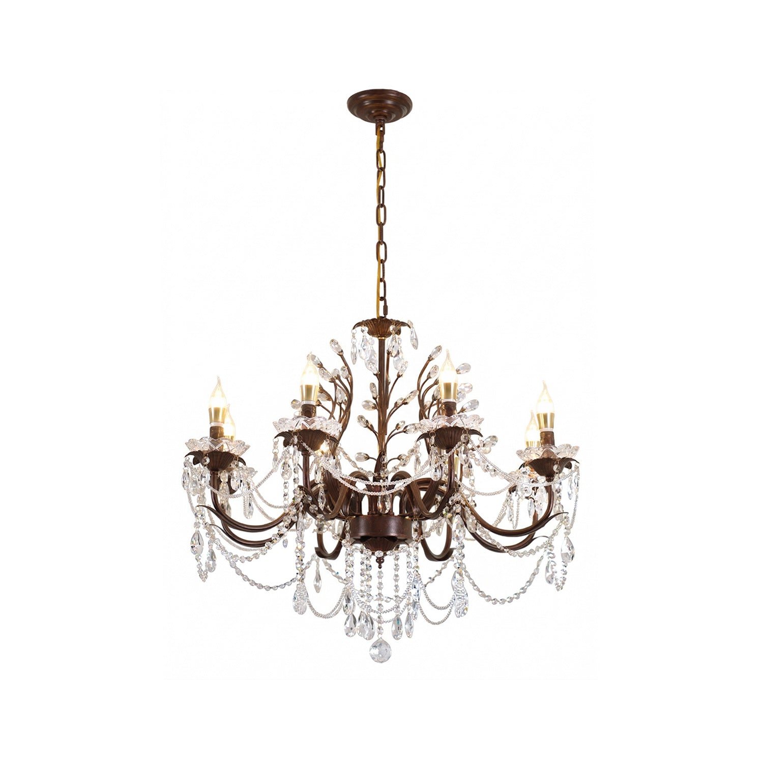 Ariae Crystal Chandelier with a brown and gold metal frame and clear crystals.